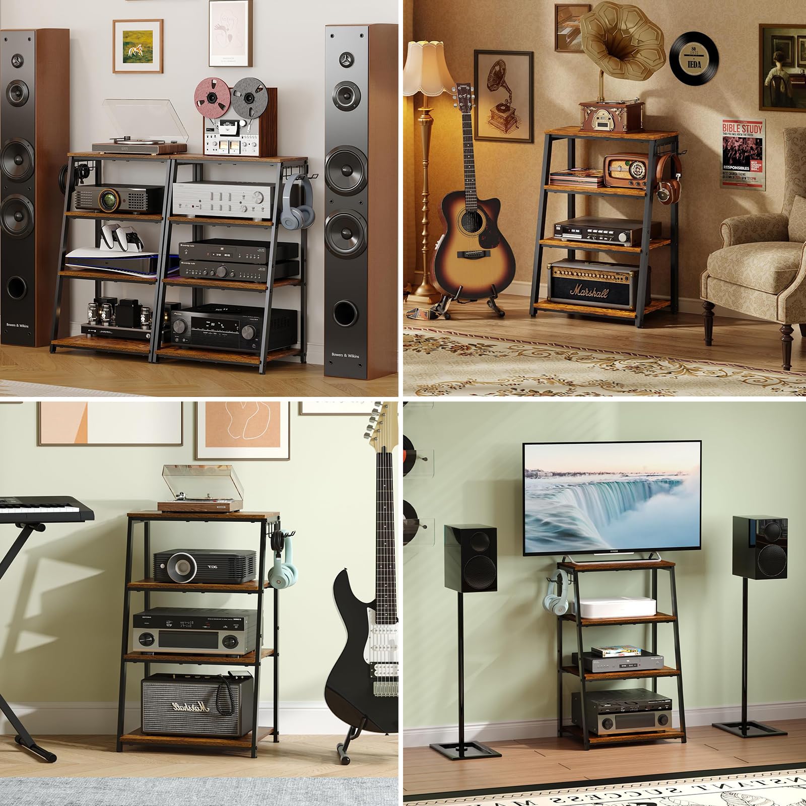 TWSOUL Rack HiFi a 4 livelli, giradischi, in legno e acciaio, torre audio, scaffale da gioco in legno con ripiani aperti, per giradischi e impianti stereo e impianto compatto, 48 x 36 x 80 cm