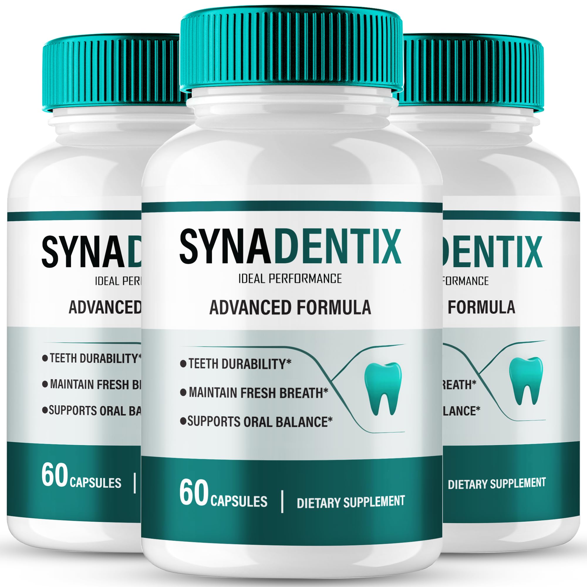 Close-up of Synadentix supplement bottle label showing ingredients list, dosage instructions, and manufacturing details printed clearly