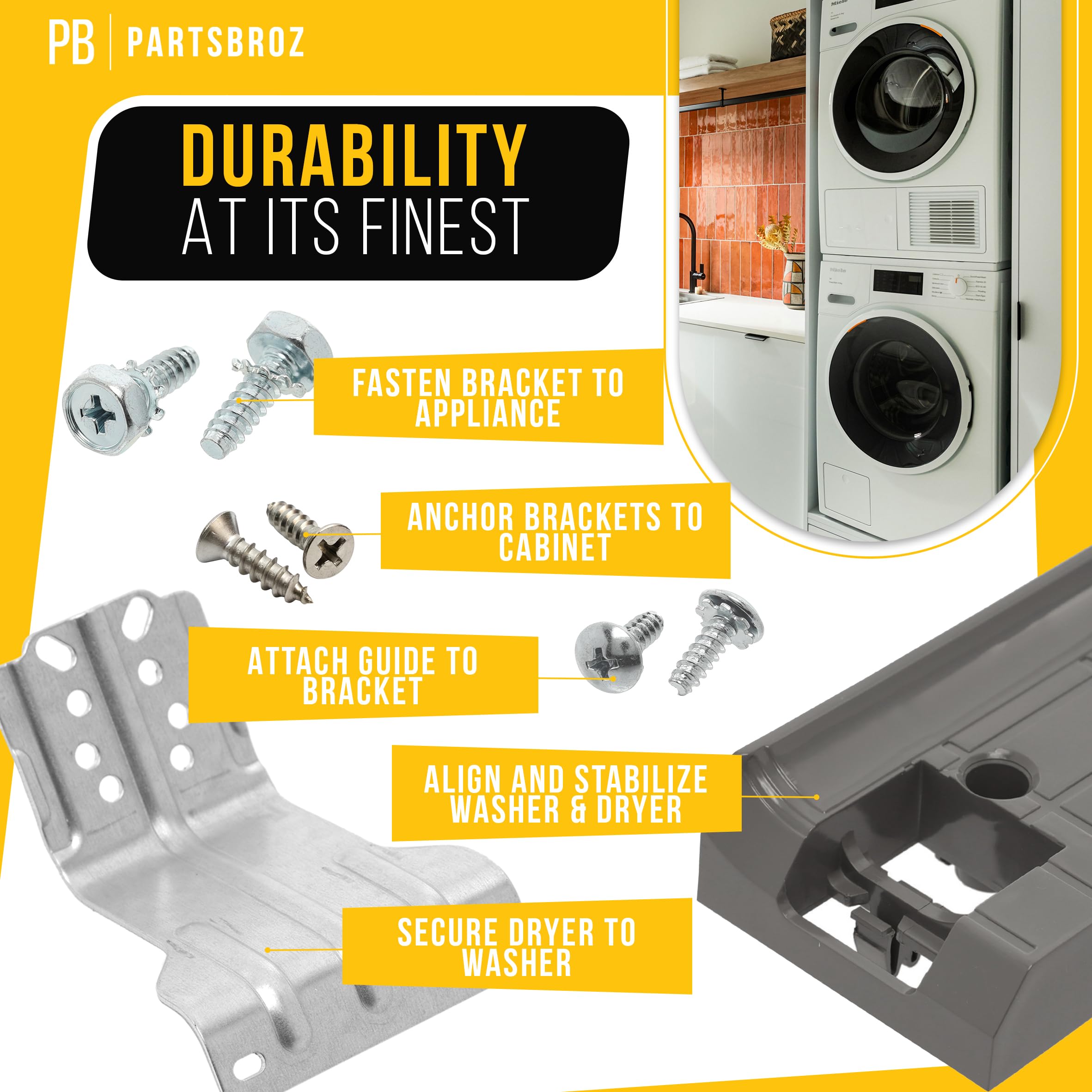 PartsBroz SKK7A Kit de apilamiento de lavandería compatible con Samsung Lavadora y secadora apilable Funciona con 27 pulgadas de carga frontal apilable Ideal para mejoras en el hogar del baño