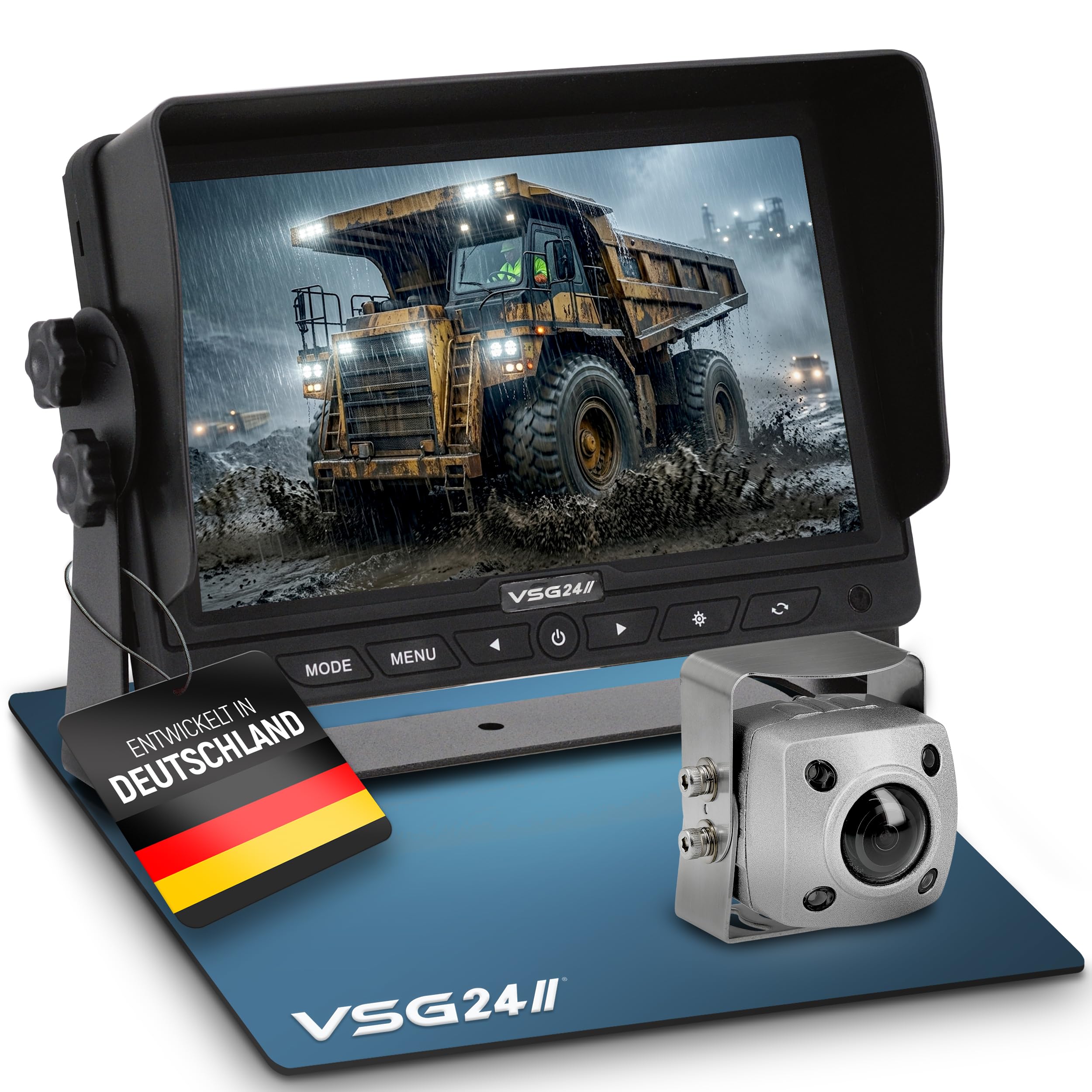 VSG24 Rückfahrkamera Set IP69K EXPERT – HD 1080P, Personenerkennung, Monitor mit Split-Screen & Loop-Aufnahme, 4 Kameras anschließbar, Rückspiegelfunktion, Nachtsicht, Rückfahrkamera