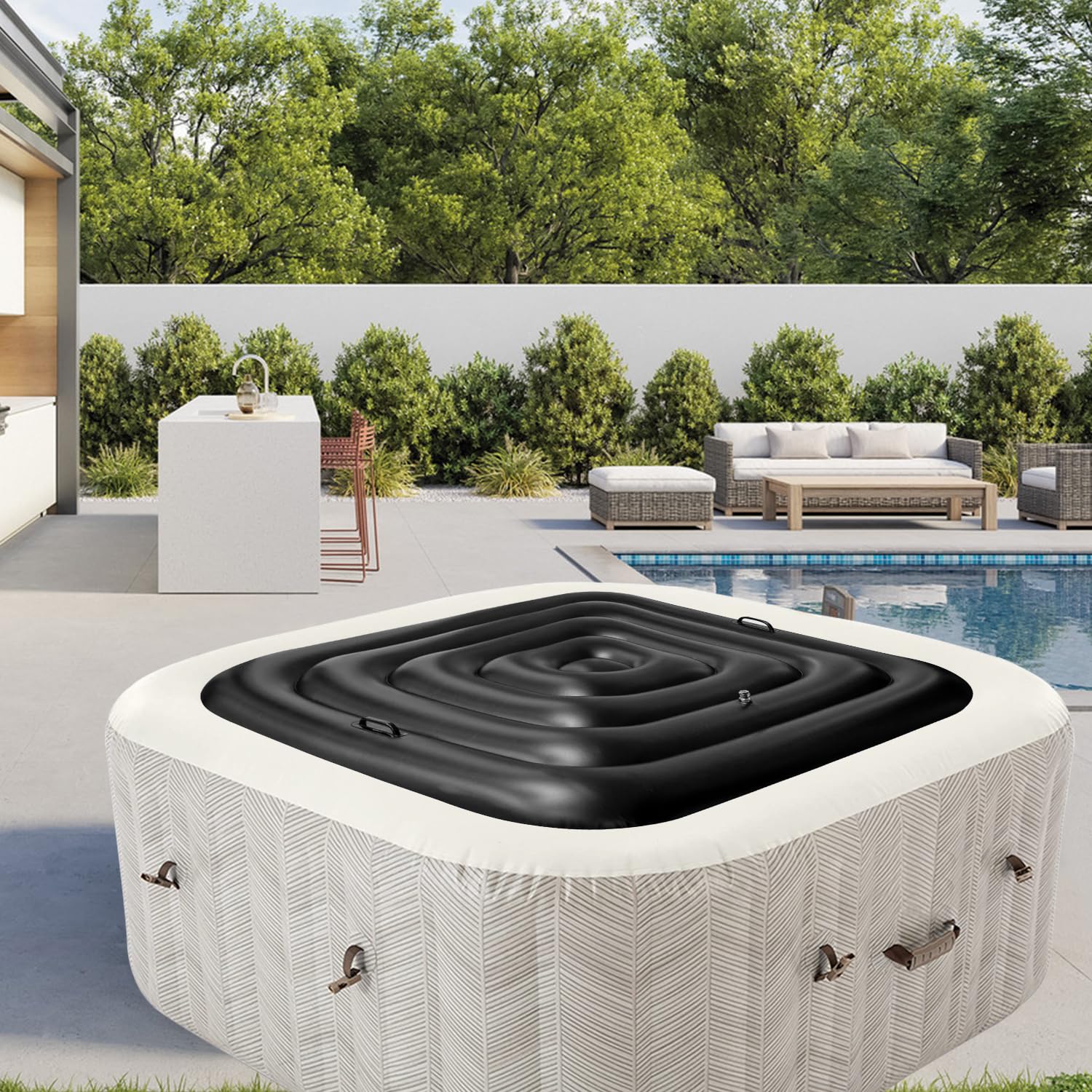 130 cm cubierta de bañera de hidromasaje inflable cubierta de piscina cuadrada con asas, cubierta de bañera inflable resistente a la lluvia y al desgarro accesorios de jacuzzi ahorro de energía