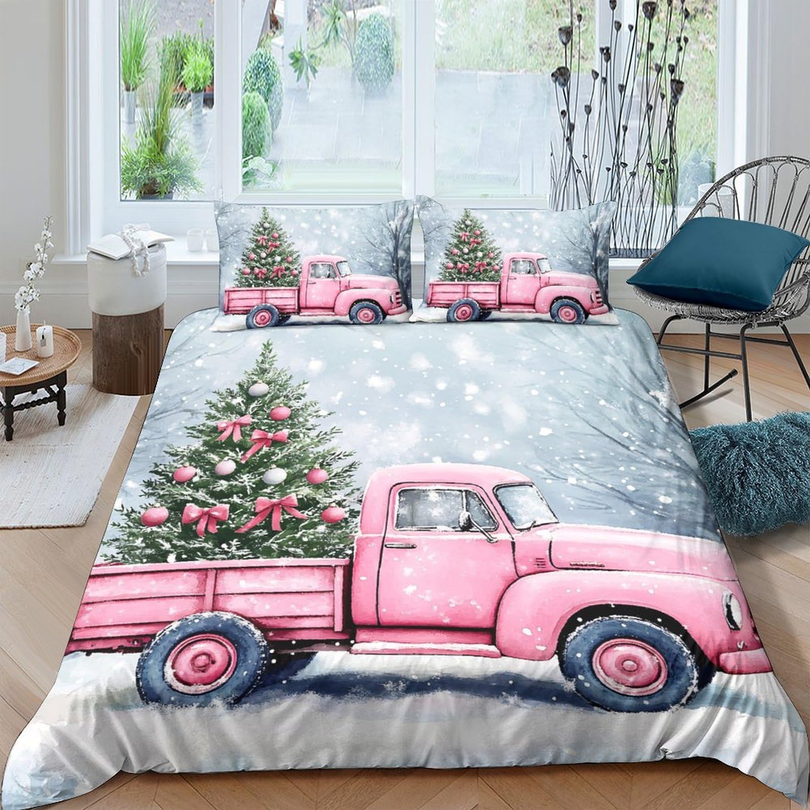 Ctjqhvkz Style-10 3D Printed Pink Christmas Truck Fitted Sheet Microfiber Soft Decorative Snowy Pine Tree Bed Cover For Bedroom Guest Room Single（135X200cm）