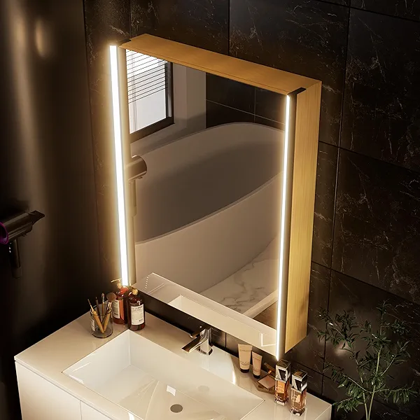 Réflexon 30 x 23-1/4 Inch LED Lighted Medicine Cabinet with Mirror, Moisture-Resistant Wood, Stepless Dimmable, 3000K/5500K, Adjustable Shelf, Flat-Pack Design – Assembly Required (Oak)