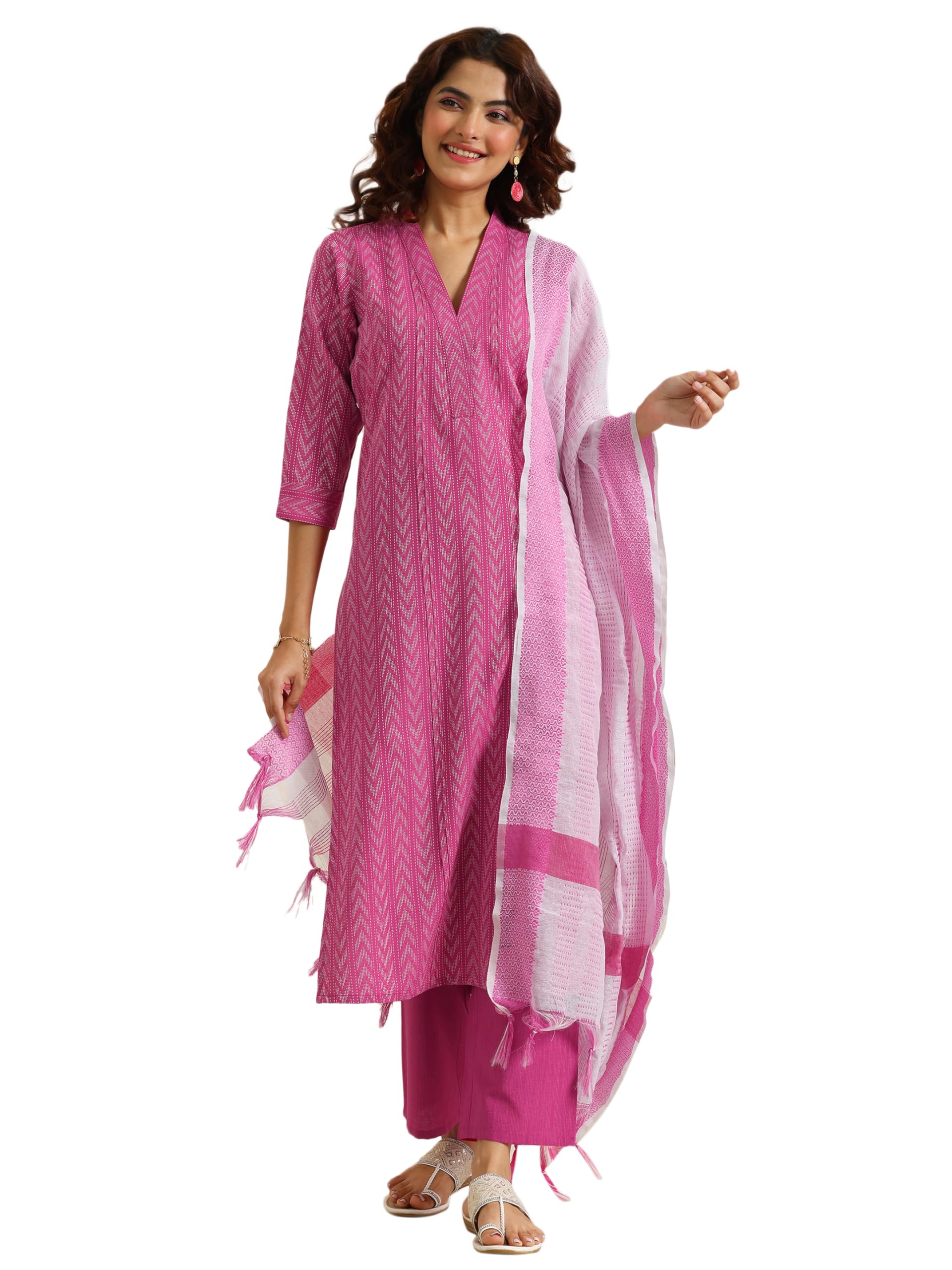 Libas Libas Woven Design Cotton Blend Straight Kurta With Trouser and Dupatta in neutral