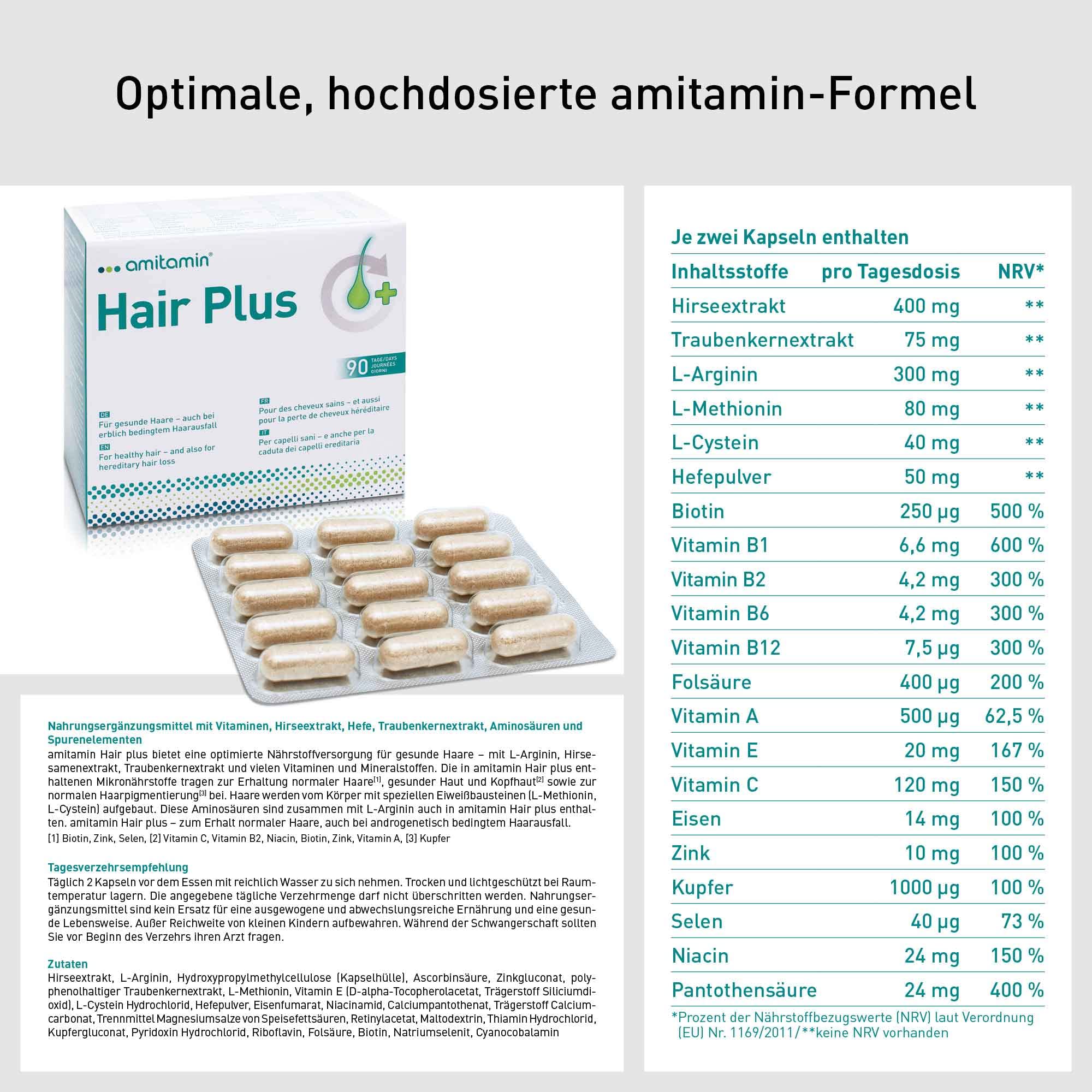 amitamin© Hair Plus Haar Vitamine | 180 Komplex Kapseln 3 Monate hochdosiert | Zink, Kupfer, Biotin, Selen, Folsäure plus 16 wichtige Nährstoffe | auch gegen erblichen Haarausfall | vegan |