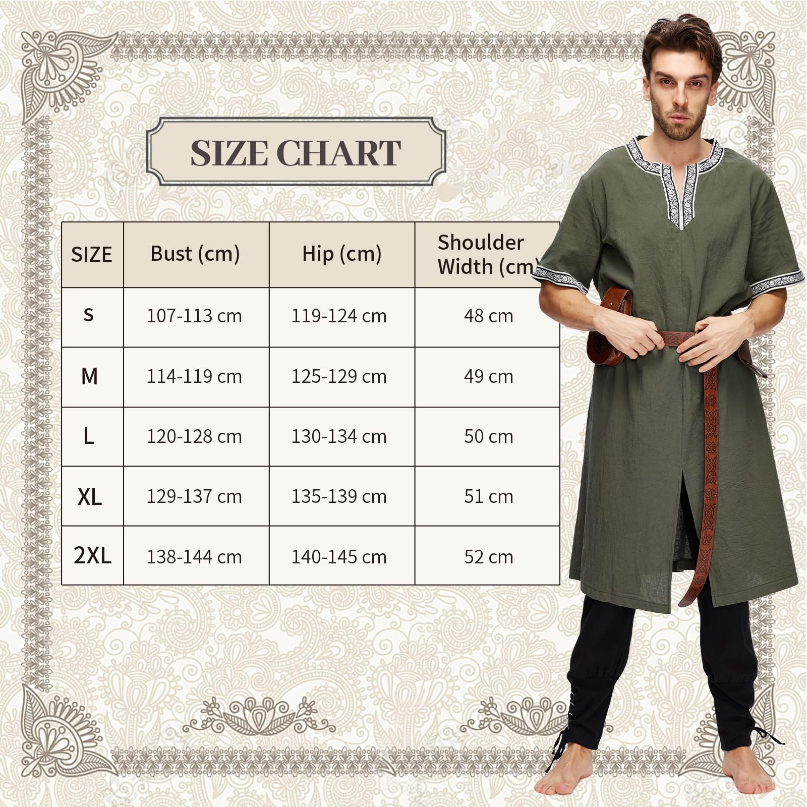 Mittelalter Kleidung Herren Set, 5 Stück Renaissance Kostüm, Kurzarm Tunika Hose mit Zubehör, Erwachsener Wikinger Viking Ritter Outfit für Halloween, Karneval, Mittelalterfest, Faschingskostüme
