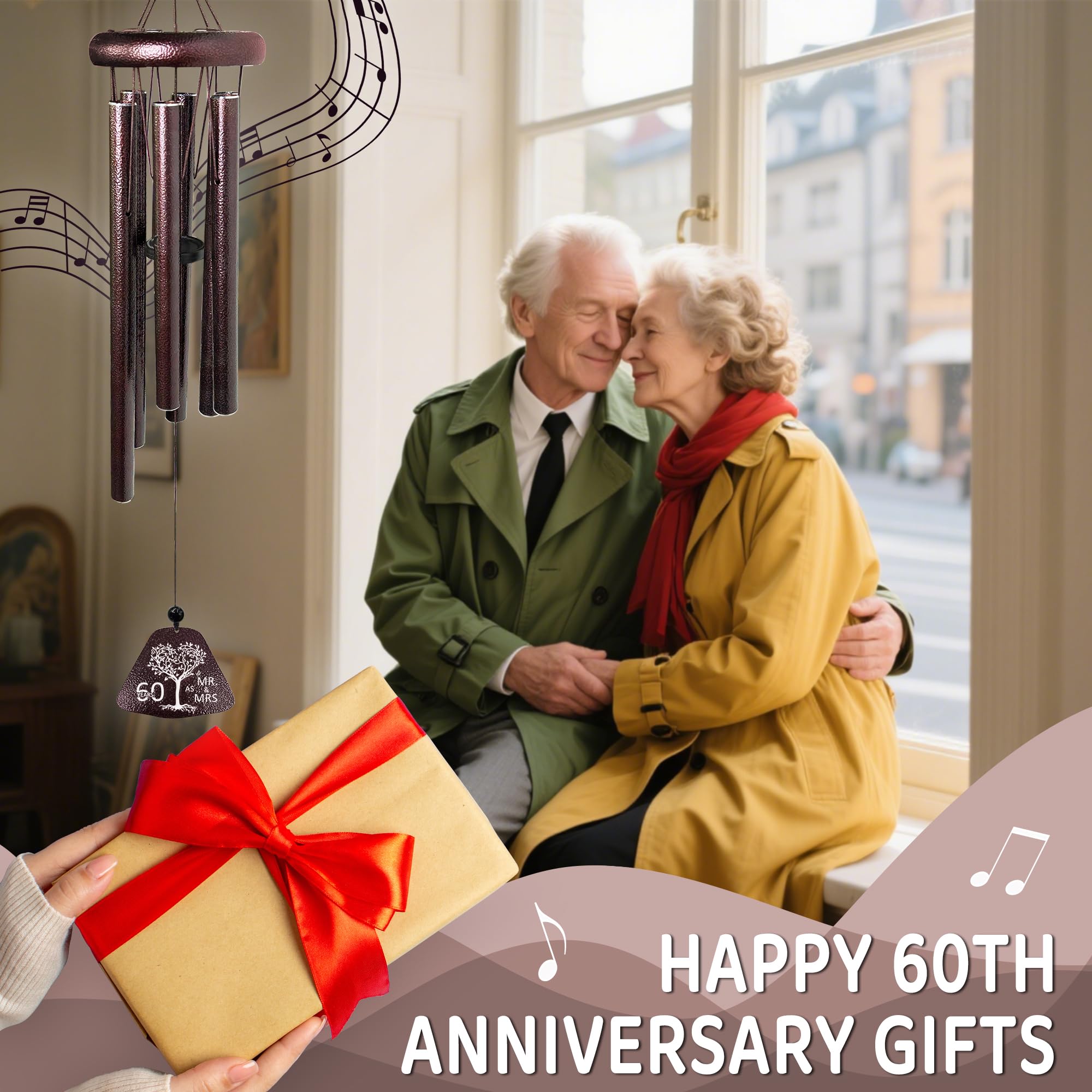 60th Wedding Anniversary Wind Chimes Gifts, Happy 60th Anniversary Decorations Gift for Parents Couple Husband Wife, Romantic 60 Year Anniversary's Keepsake Ideas Wind Chimes for Outside 32"