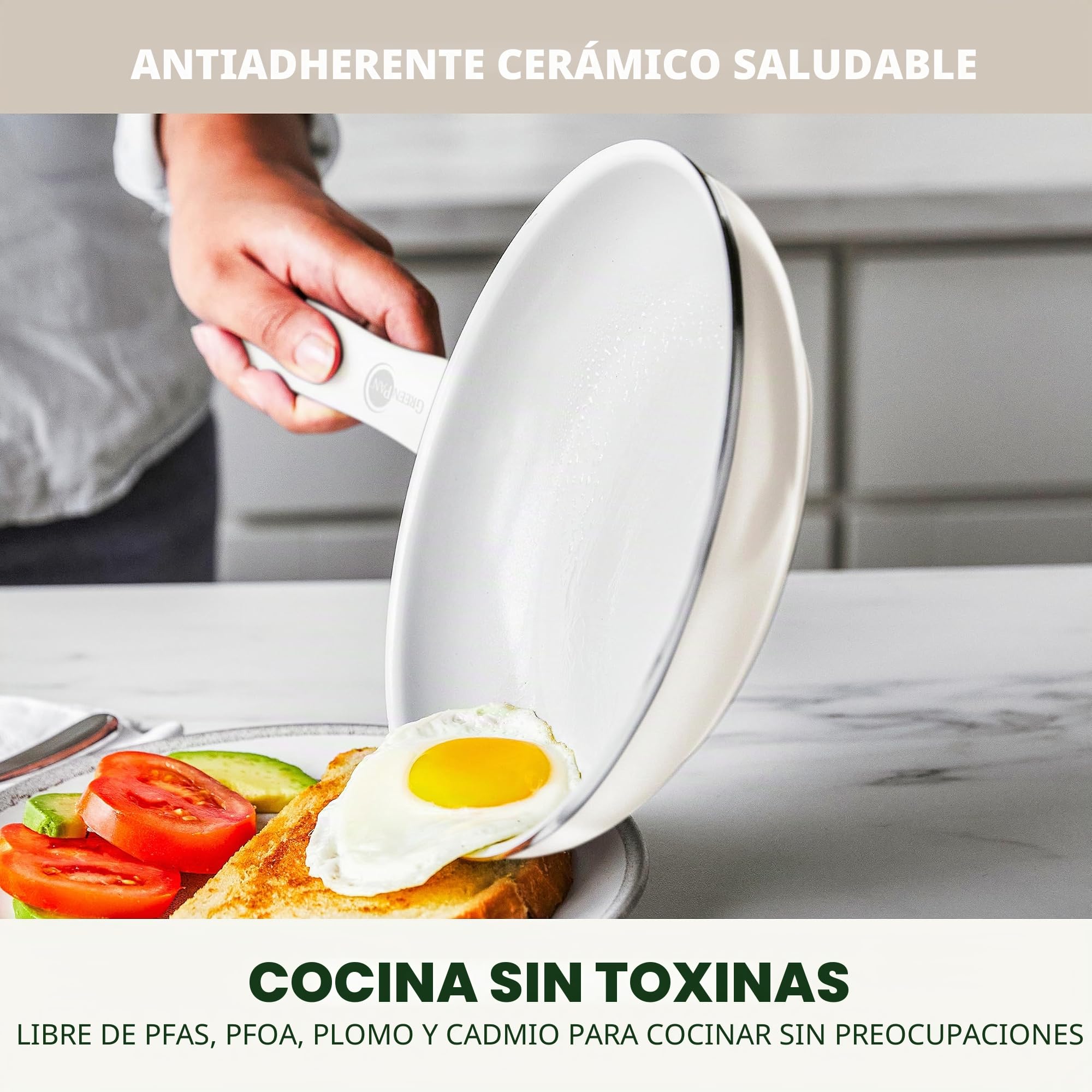 Greenpan Dover - Juego de sartenes antiadherentes de cerámica saludable, de 8 y 10 pulgadas, sin PFAS, aptas para lavavajillas, mango de agarre cómodo, color blanco crema