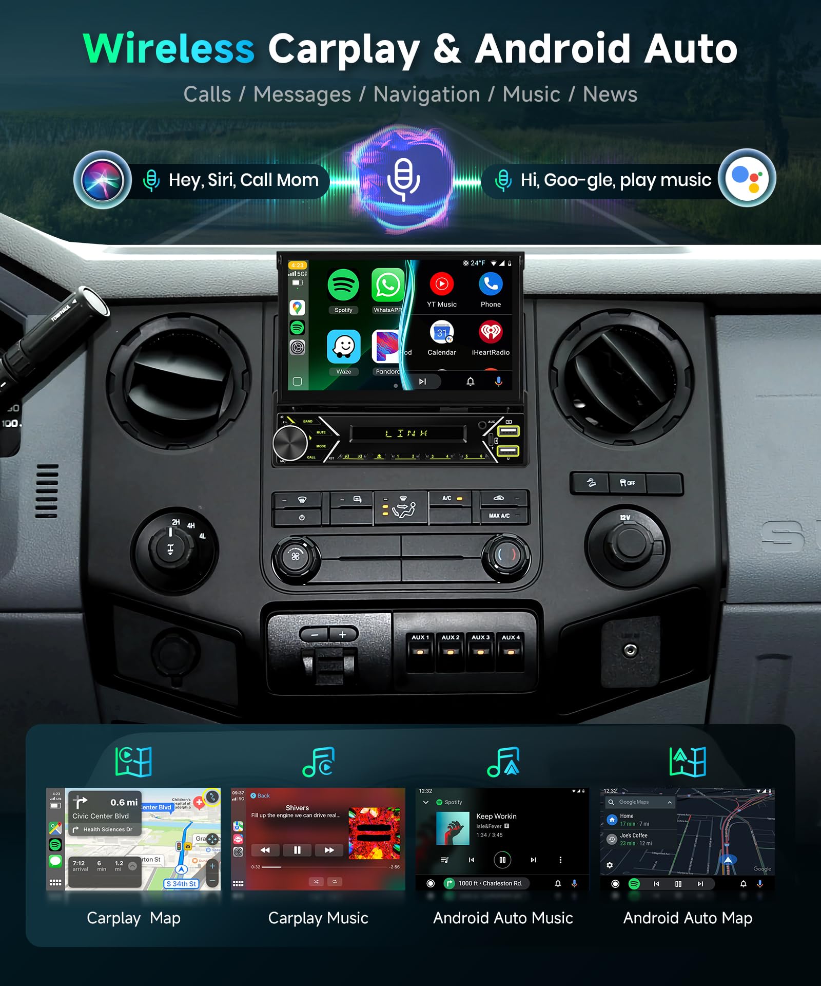 Autoradio Dab 1 DIN, CarPlay sans Fil, Android Auto, Radio 7 Pouces avec écran rétractable Automatique, Radio Bluetooth, Commande au Volant/Lien Miroir/égaliseur/USB-C + caméra de recul