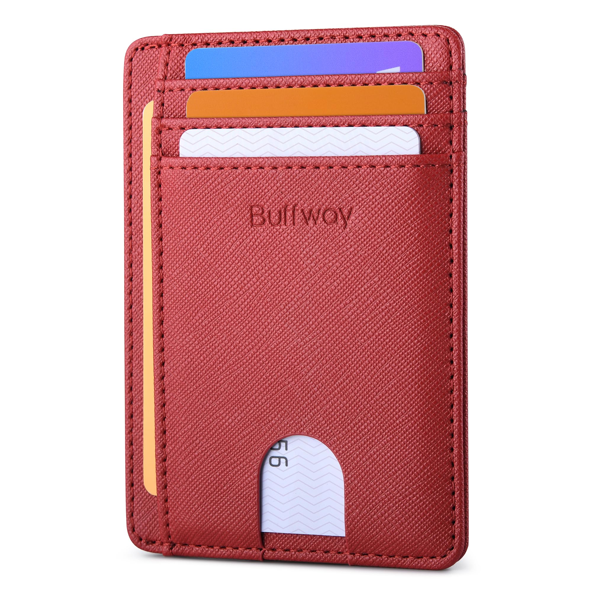 Buffway Slim Minimalist Front Pocket RFID Blocking Leather Wallets for Men and Women - Cross Red