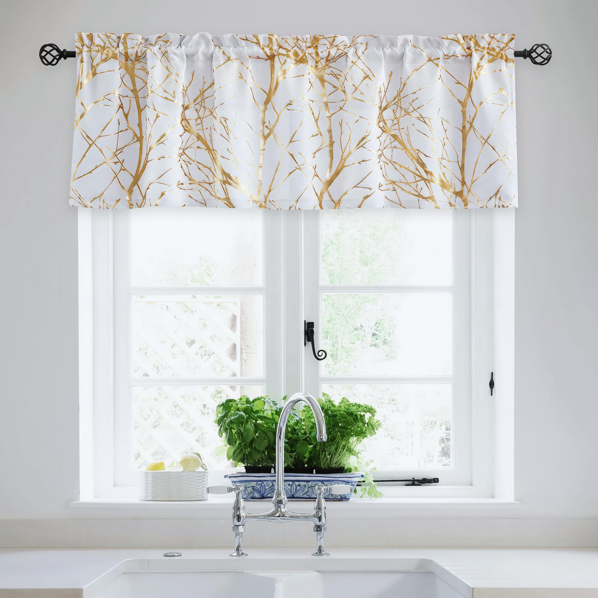 FMFUNCTEX 100% Blackout Valance Curtains for Kitchen Bathroom Living Room Curtain 18 Inches Long Window Valance White Gold Metallic Tree Branch for