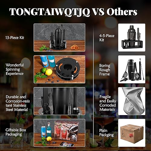 Miniatura 5 de Kit de camarero, juego de coctelera de 13 piezas con soporte giratorio acrílico para el hogar, bar (negro escarchado)