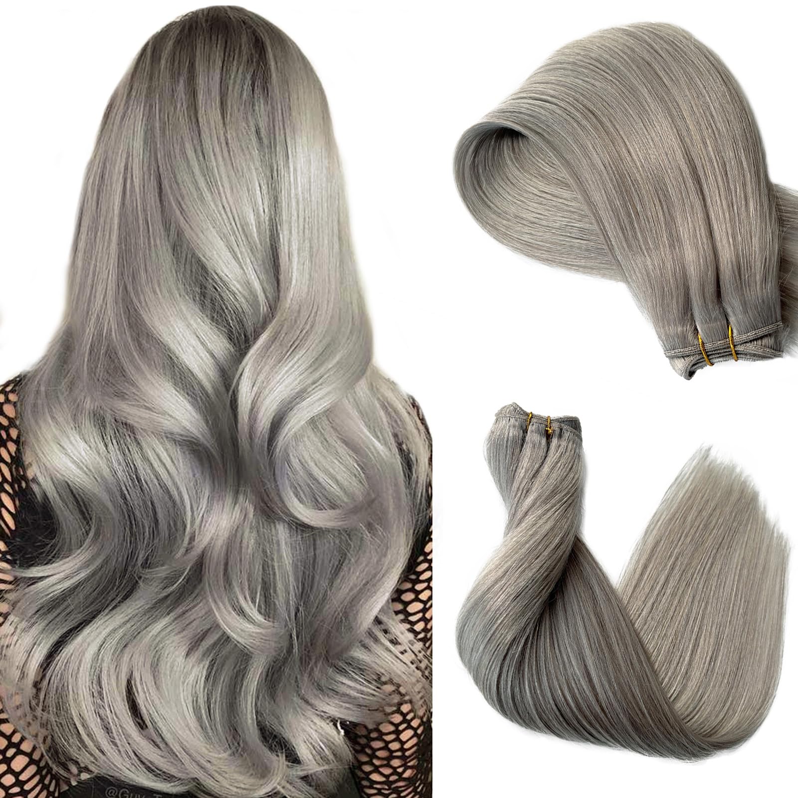 Grey Sew in Hair Extensions Real Human Hair Weave, Silver Straight Human Hair Weft Extensions Hand Tied Silver Gray Hair Weft Bundles 16 Inch 100G