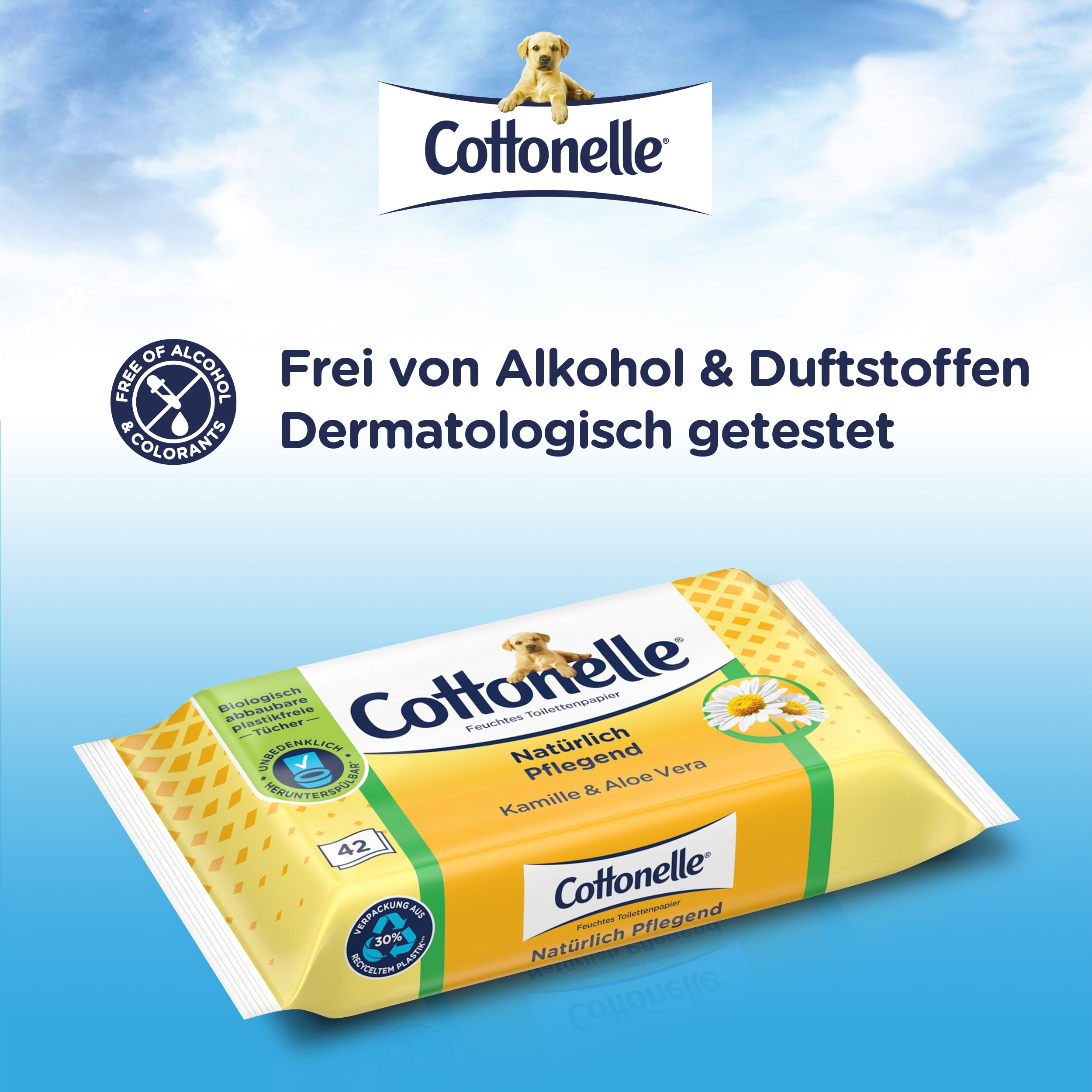 Cottonelle Carta igienica umida, naturale nutriente, camomilla e aloe vera, biodegradabile, senza plastica, richiudibile, confezione conveniente, 12 x 42 salviettine umidificate