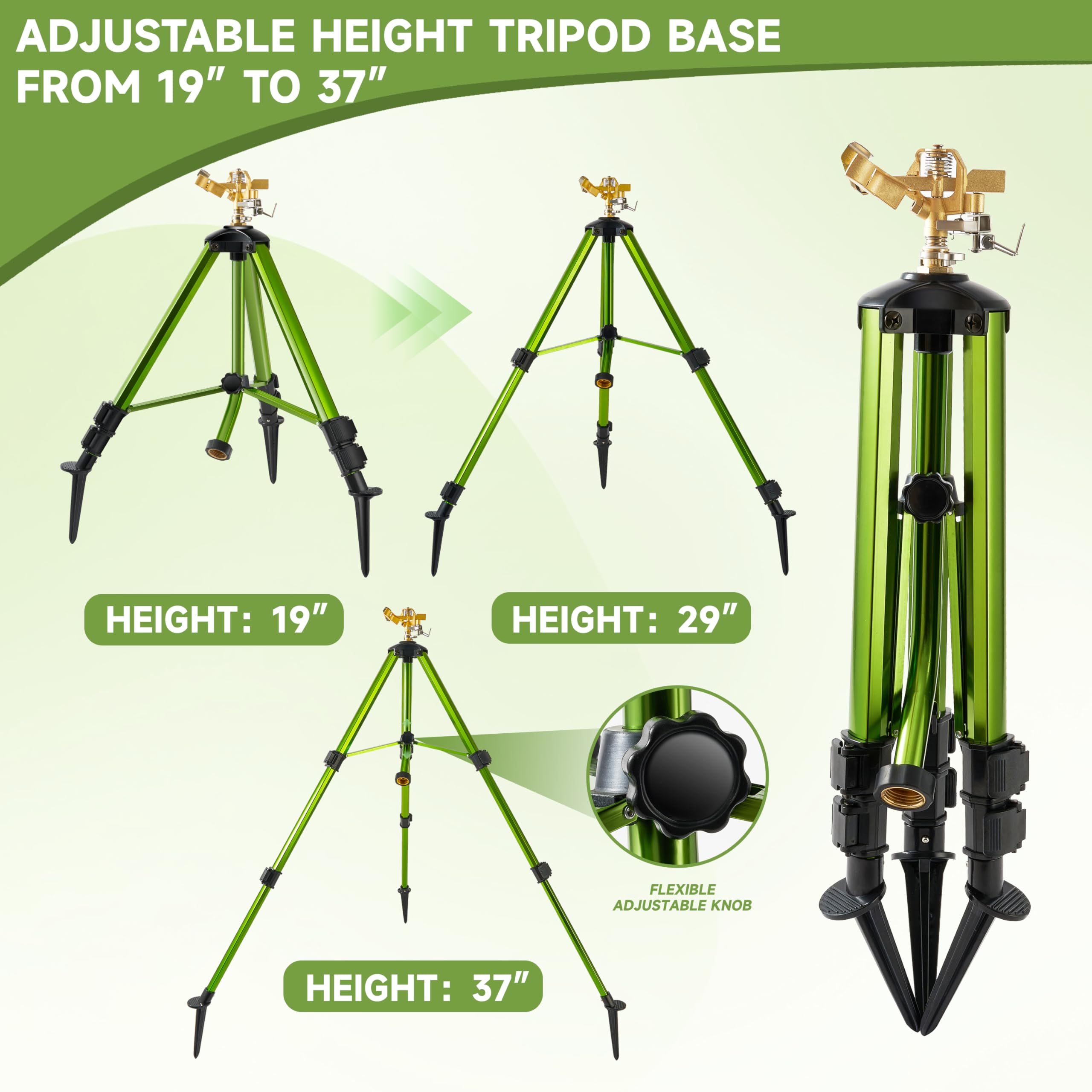 Paquete de 2 aspersores de trípode para patio, aspersor de impacto en base de trípode, aspersor de césped de cabeza de latón resistente con 360 grados, riego de área grande de 0 a 45 pies, aspersor de
