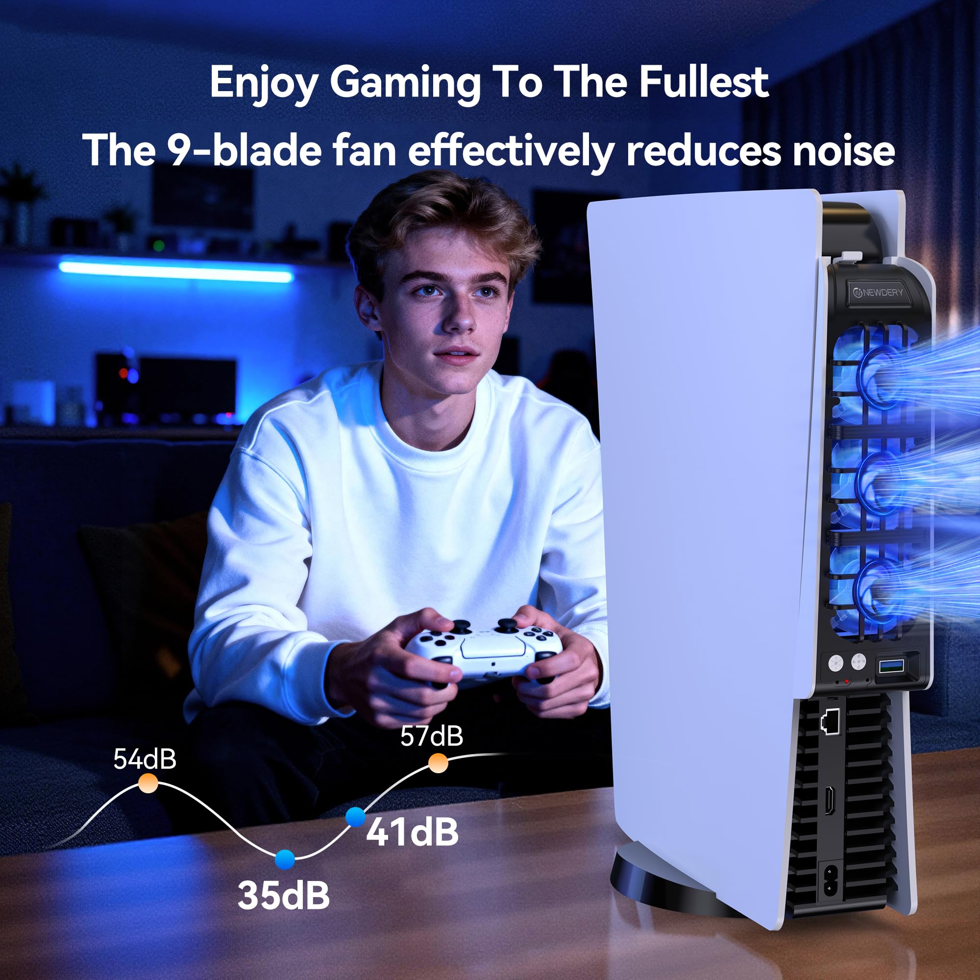 NEWDERY Ventilador para Accesorios de PS5. Ventilador silencioso Mejorado, Velocidad Ajustable automáticamente según la Temperatura, luz RGB dinámica, Compatible con PlayStation 5
