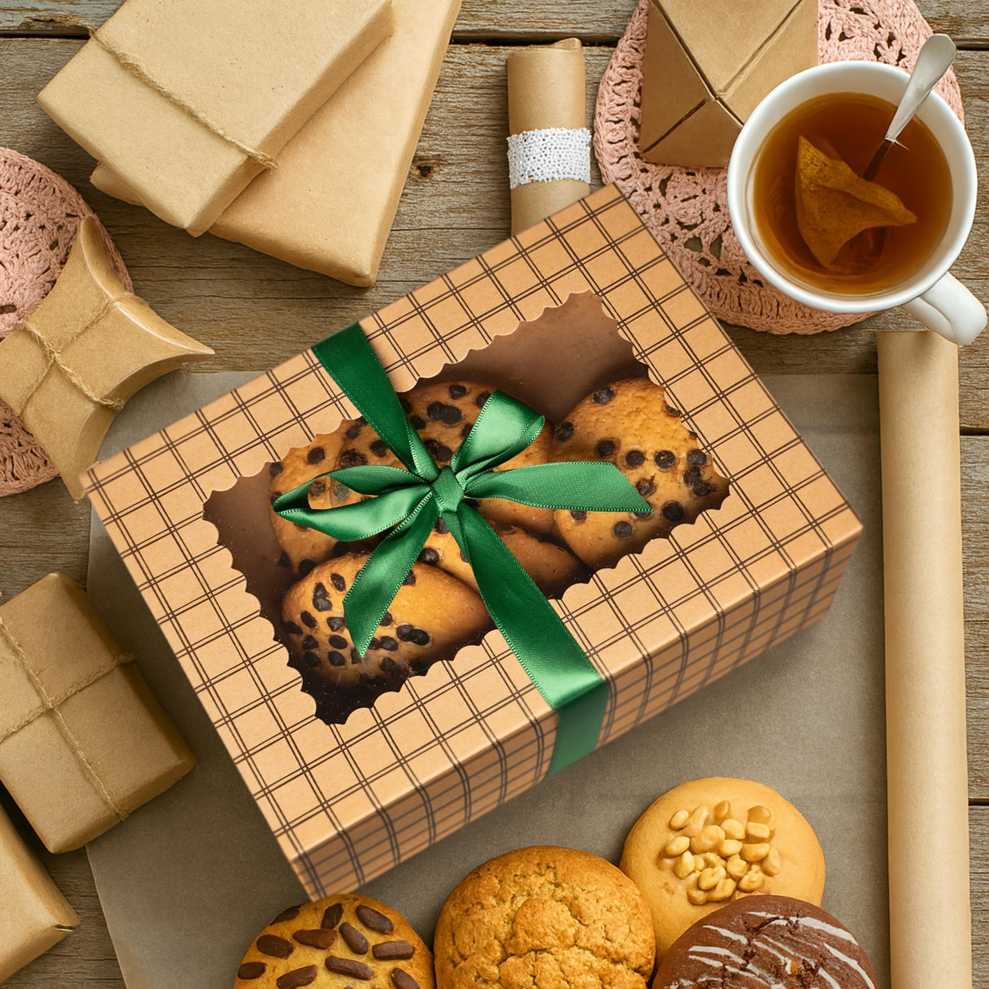 Lot de 20 boîtes à biscuits en papier kraft marron avec rubans et fenêtre - 21,1 x 15,2 x 7,1 cm - Boîtes cadeaux de boulangerie en carton de qualité alimentaire pour offrir des cadeaux, des