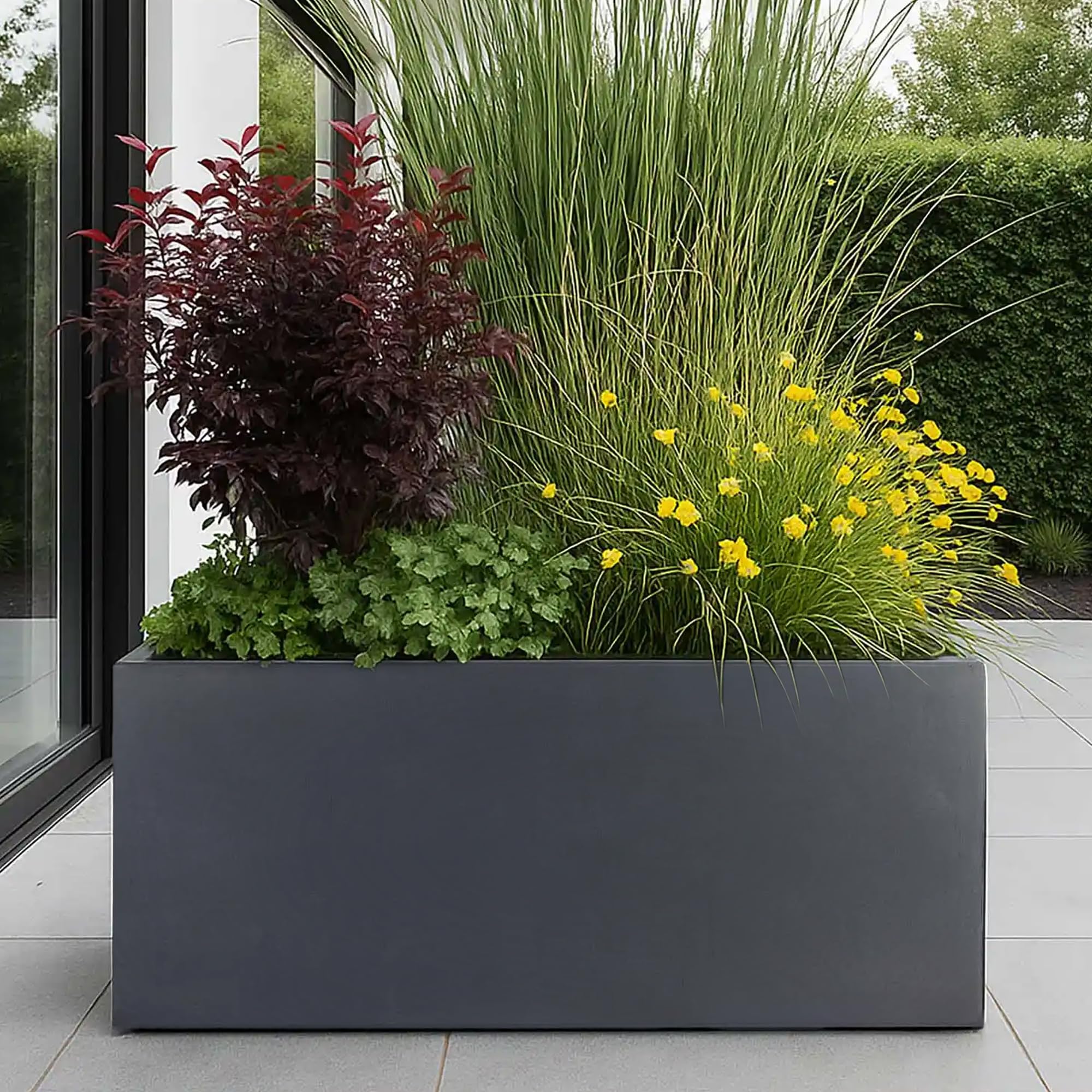 IDEALIST 80cm Plant Pot | Dark Grey Reinforced Stone Large Trough Planter | Rectangular Garden Planters with Drainage Holes L80 W37 H37.5 cm, 79 litres