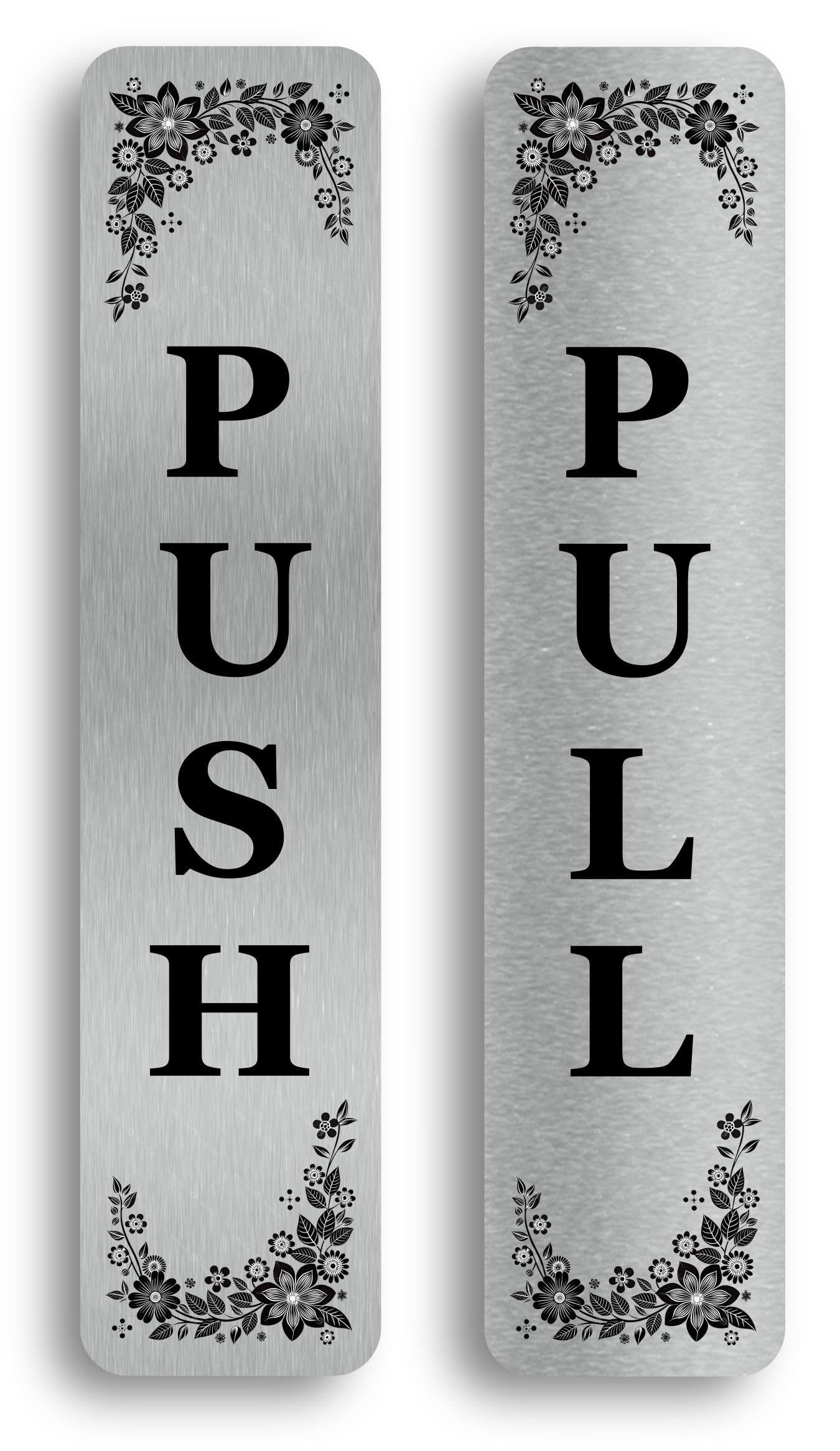 PUSH PULL Door Signs Floral Design Self Adhesive Aluminium Composite Pair | Decorative Vertical Push Pull Signs for Glass Doors, Cafes, Shops, Restaurants & Commercial Entrances