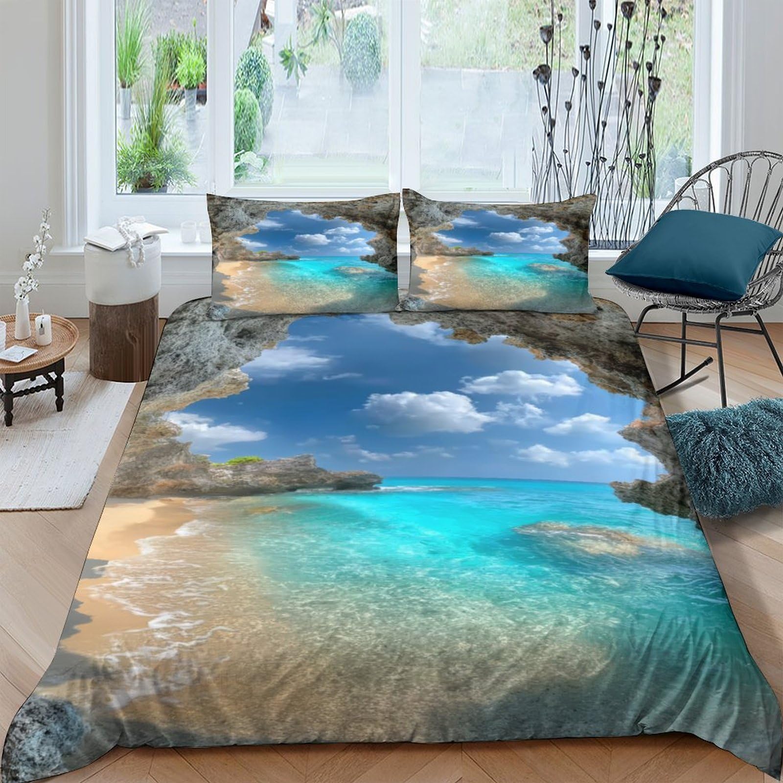 Ctjqhvkz Style-5 3D Printed Ocean Beach Fitted Sheet Microfiber Soft Sky Cloud Mattress Cover Bedroom Decor Easy Care Single（135X200cm）