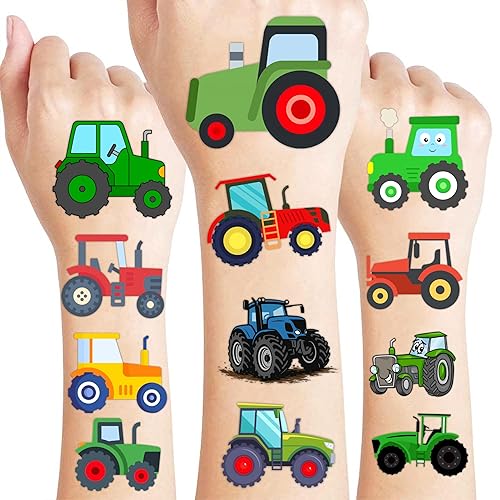 96 tatuajes temporales precortados de tractor para niños, suministros temáticos para fiestas de cumpleaños, decoraciones y recuerdos, calcomanías
