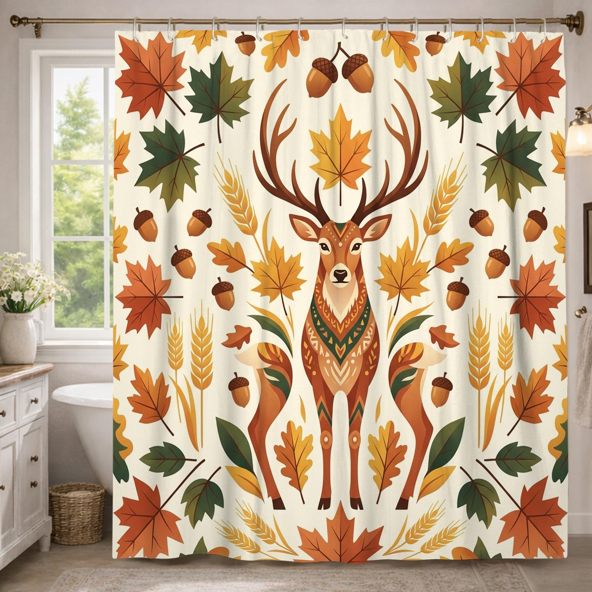 Rideau de douche extra long pour salle de bain chaleureuse motif cerf orange nature
