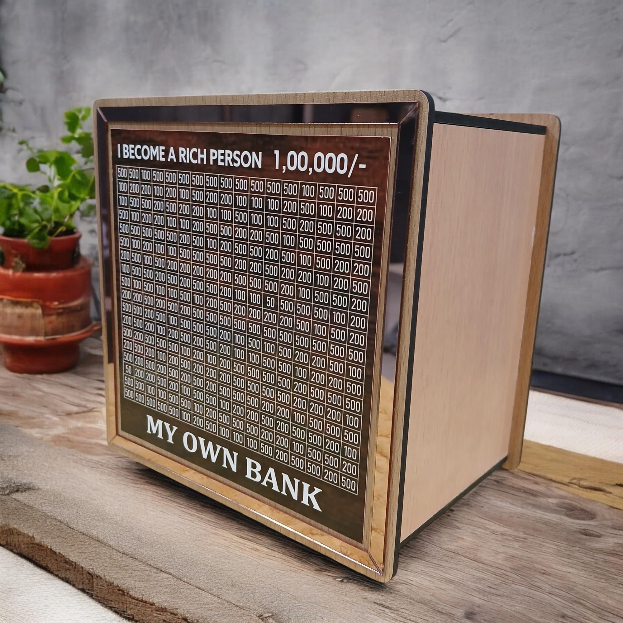 LASER ART My Own Bank Wooden Saving Box – ₹1,00,000 Target Money Tracker | Smart Coin & Note Saving Bank for Kids & Adults | Goal-Oriented Piggy Bank (Motivational Design) (Combo Pack of 2) 1