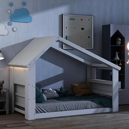 Miniatura 57 de Cama de madera de tamaño individual con cabecero en forma de casa con vallas, altura baja al suelo, para dormitorio de niños y niñas (blanco-01)