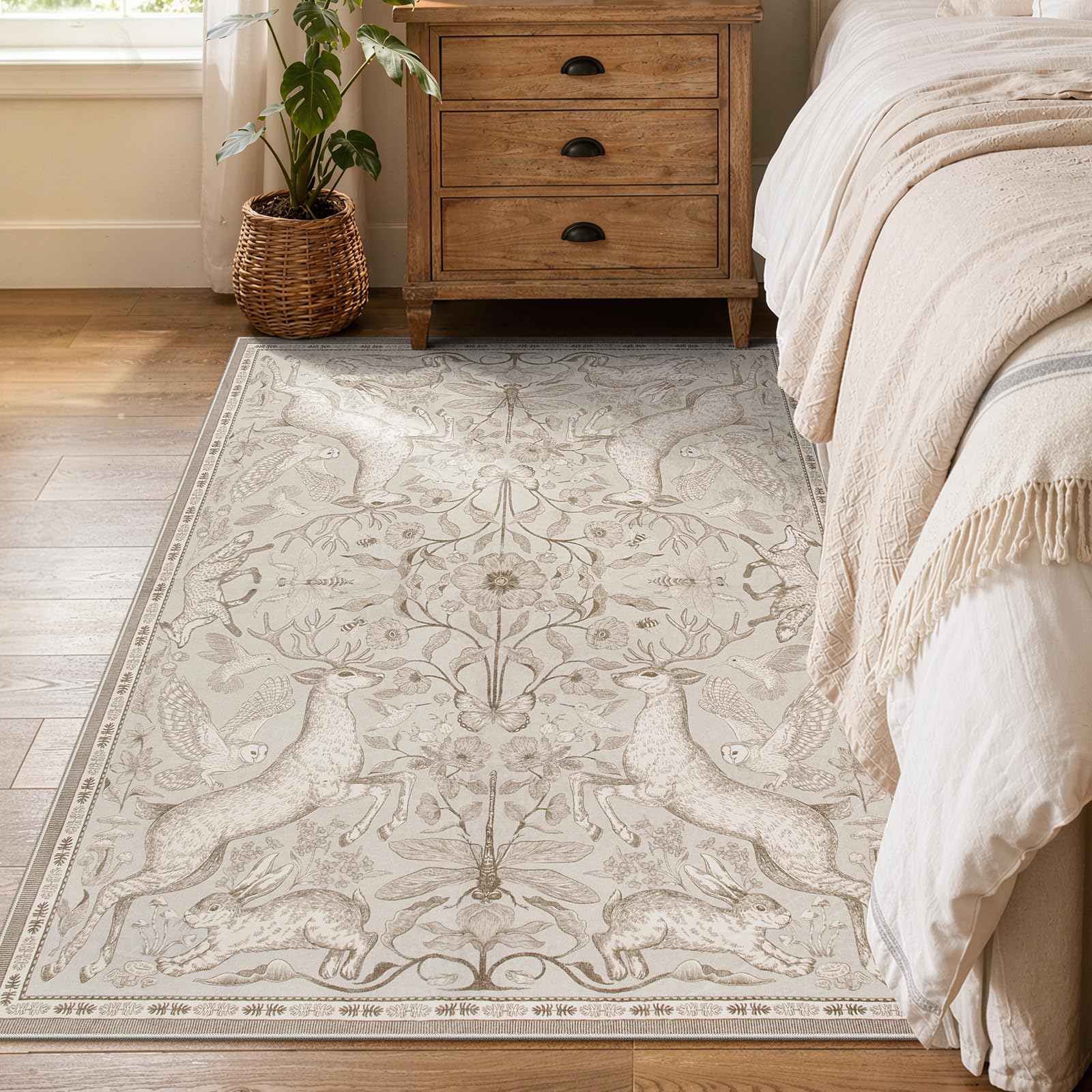 Lahome 3x5 Washable Area Rug for Bedroom, Woodland Deer Boho Animal Rug, Vintage Botanical Beige Non-Slip Low Pile Small Carpet for Bathroom Kitchen Entryway Hallway Farmhouse Decor
