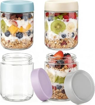 500 ml Glass Mason Jars with Leak-proof Lids, 4 Pack 16 oz Glass Overnight Oats Container,Storage Jars for Breakfast, Yogurt Mason Jar for Fruit, Pudding, Salad, JamSet of 4