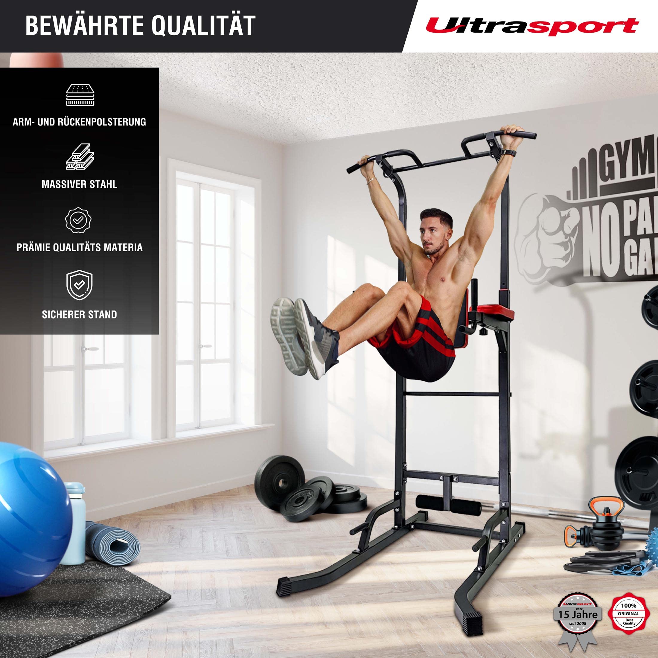 Ultrasport Power Tower, Klimmzug, Dip Station, Fitnessturm, höhenverstellbar, Heim Fitnessstudio, Kraftturm, verstellbar bis 150 kg Nutzergewicht