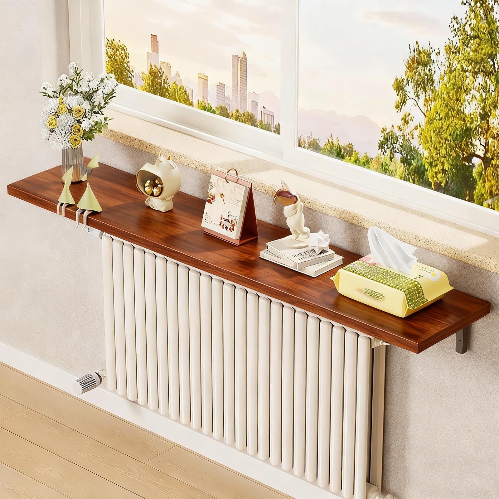 Mensola Superiore Rettangolare In Legno per Termosifone, Mensola Espositiva a Parete, Copri Termosifone Sopra il Termosifone, Supporto Triangolare, per Soggiorno/cucina(Brown,60 * 30cm/24 * 12in)