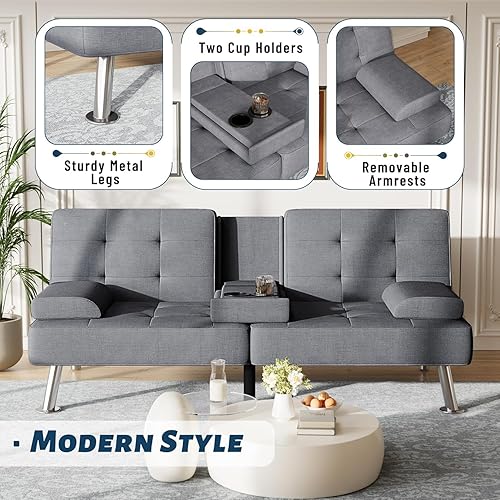 Miniatura 48 de Furmax Sofá cama futón ajustable, sofá cama para sala de estar, oficina de negocios, sofás reclinables con portavasos (piel sintética, negro) Negro