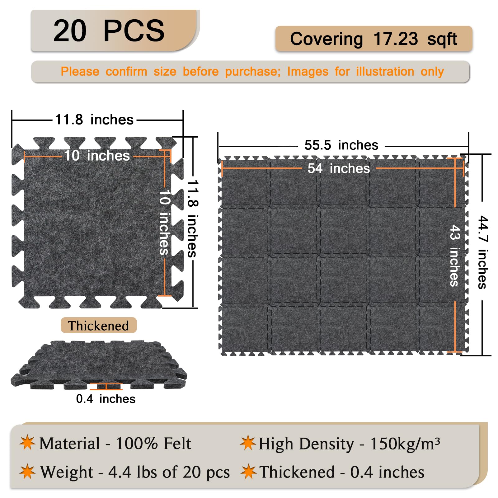 TroyStudio Alfombrillas gruesas entrelazadas que absorben el sonido, 20 unidades de 11 x 11 x 0.4 pulgadas, alfombra de piano de alta densidad, antideslizante, antivibración, almohadillas