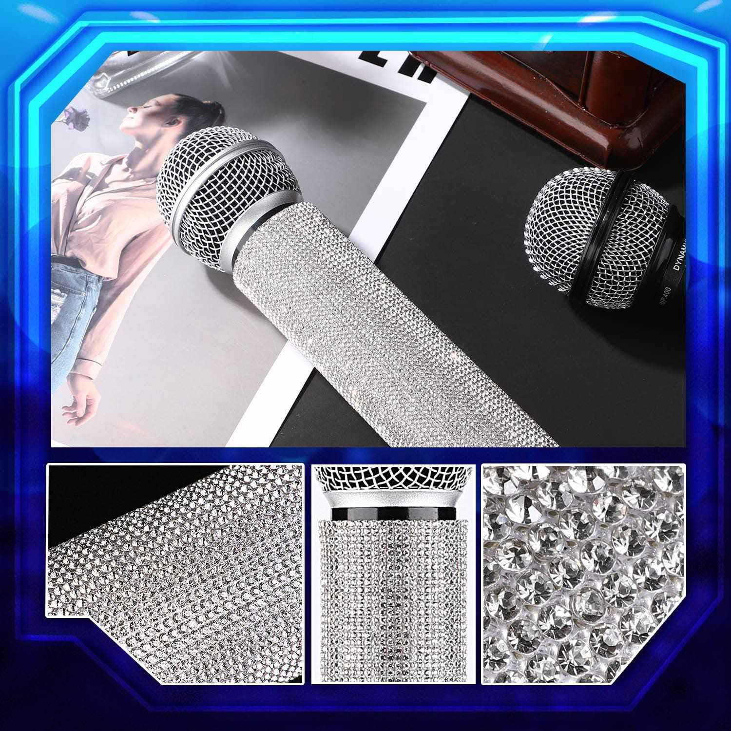 Carino Bling Diamond Shiny Skin, Copertura adesiva per microfono glitterata, Custodia Per Microfono Senza Fili, Copertura Con Strass Glitterati, Adatta Per Ktv, Bar, Mc, Argento, 18.3cm