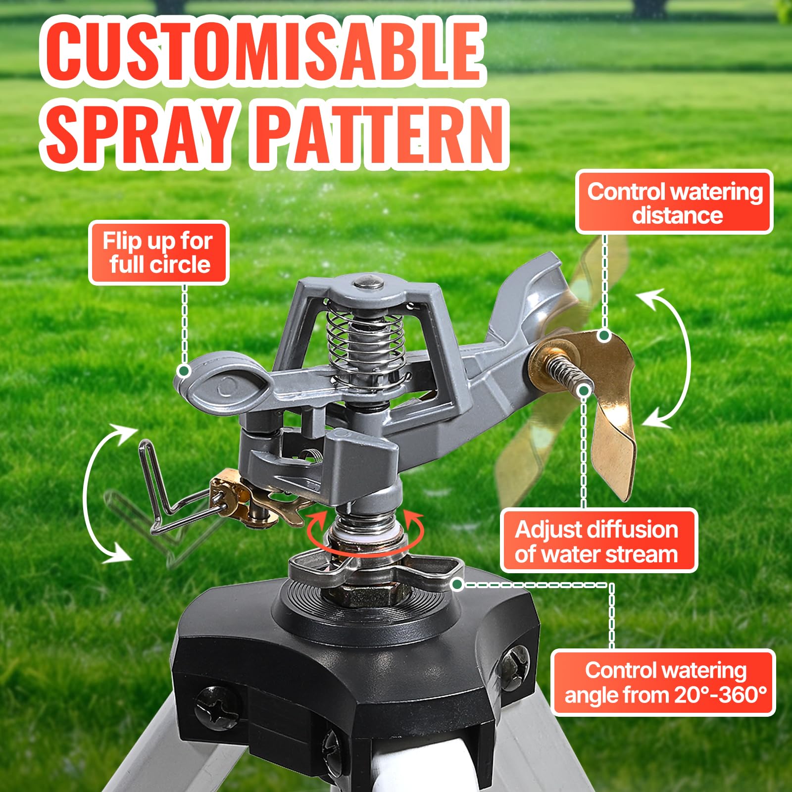 YAMATIC Aspersor de impacto en base de trípode, aspersor de metal resistente de 50 pulgadas para patio, cabezal de zinc giratorio de 360 grados para áreas grandes, conector de latón de 3/4 pulgadas