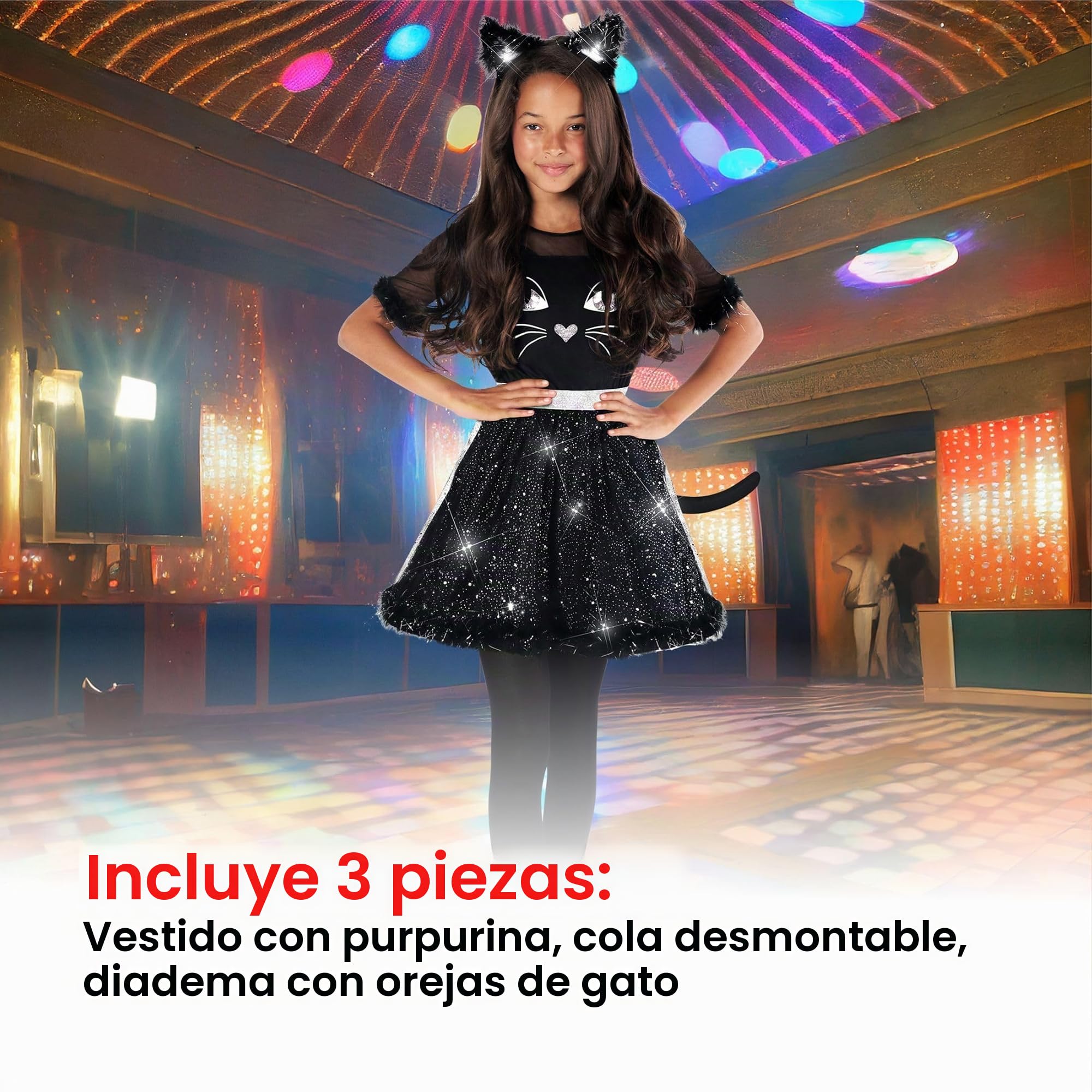 Morph Disfraz Gato Negro Niña, Disfraz Halloween Niña | Vestido con Cola, Falda de Purpurina & Diadema con Orejas, Perfecto para Halloween, Ideal para Juegos de Rol