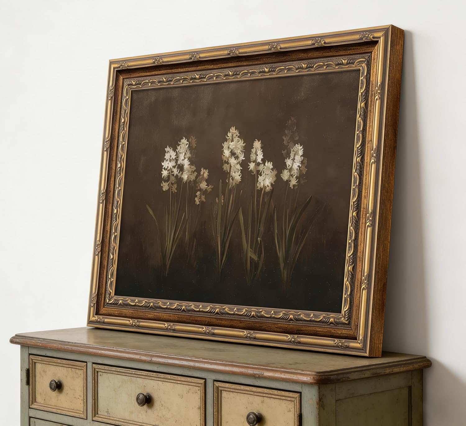 DNEJZKI Vintage Gold Frame Hyacinth Wall Art Rustic Farmhouse Flower Botanical Wall Decor Retro Floral Landscape Painting Picture Cottagecore Plant Canvas Prints for Living Room Bedroom Office Deco