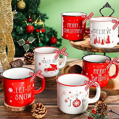 Miniatura 4 de ZOIIWA Juego de 12 tazas de café de Navidad con cinta roja a cuadros para fiestas de vacaciones, tazas de cerámica para regalo de Navidad,
