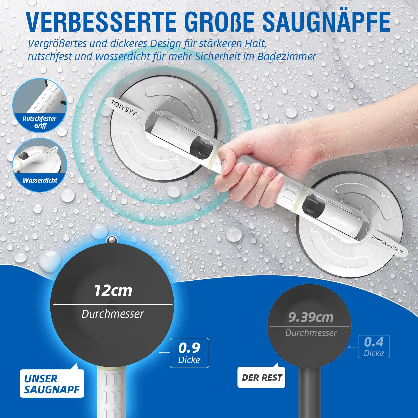 Asa con ventosa, asas para personas mayores, 38 cm, con señal de seguridad, ventosa máx. 120 kg, sin taladrar, instalación en 5 segundos, con señal de seguridad (1)
