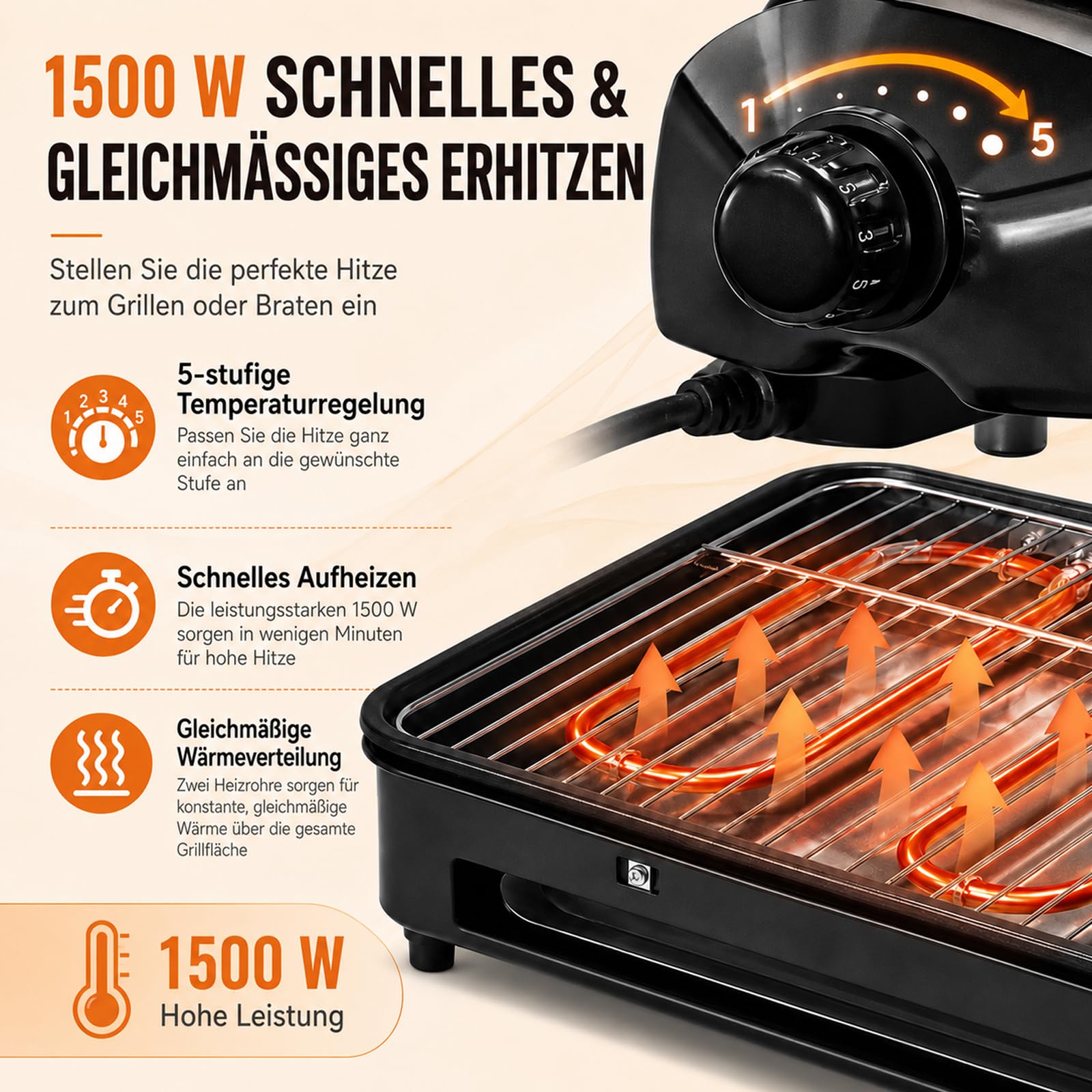 Barbacoa de mesa eléctrica con plancha 2 en 1, gran superficie de parrilla para interior y exterior, 1500 W, 5 niveles de calor ajustables, parrilla eléctrica con plancha para balcón y cocina, fácil