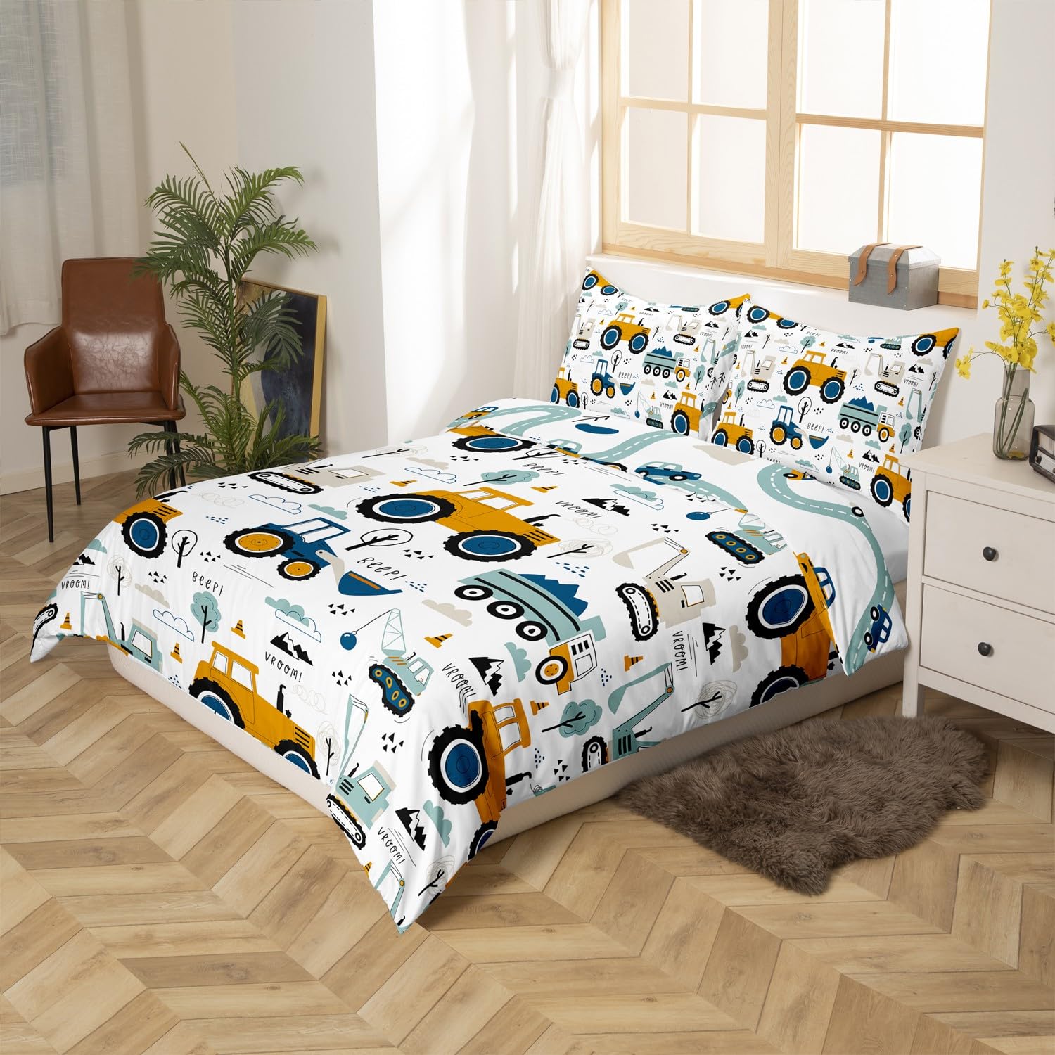 Truck King Size Duvet Cover Sets for Kids Tractor Construction Bedding Set 3-Piece - Image 3