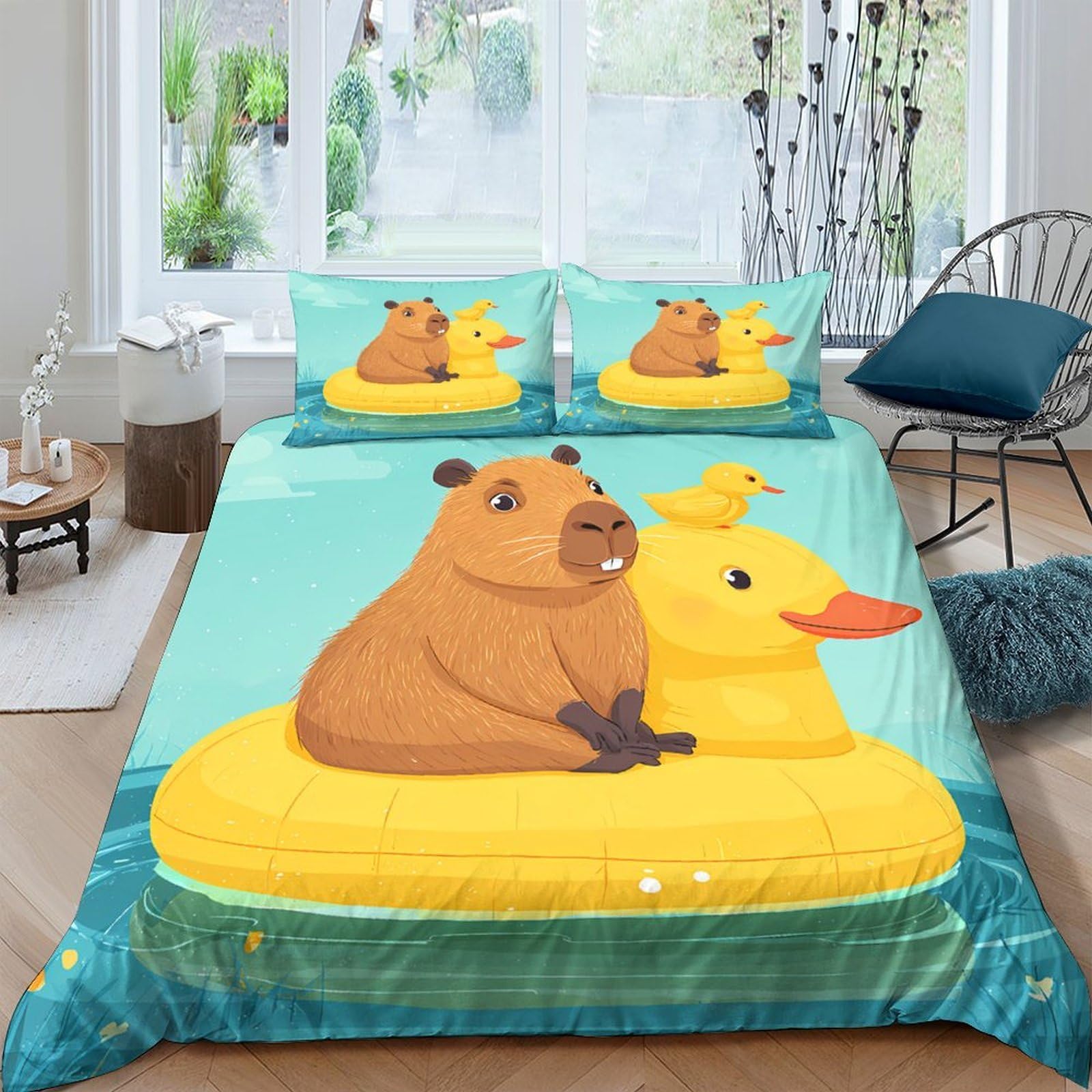 Ctjqhvkz Style-3 3D Printed Capybara Duck Fitted Sheet Microfiber Soft Green Yellow Cartoon Bed Cover For Bedroom Guest Room Decor Single（135X200cm）