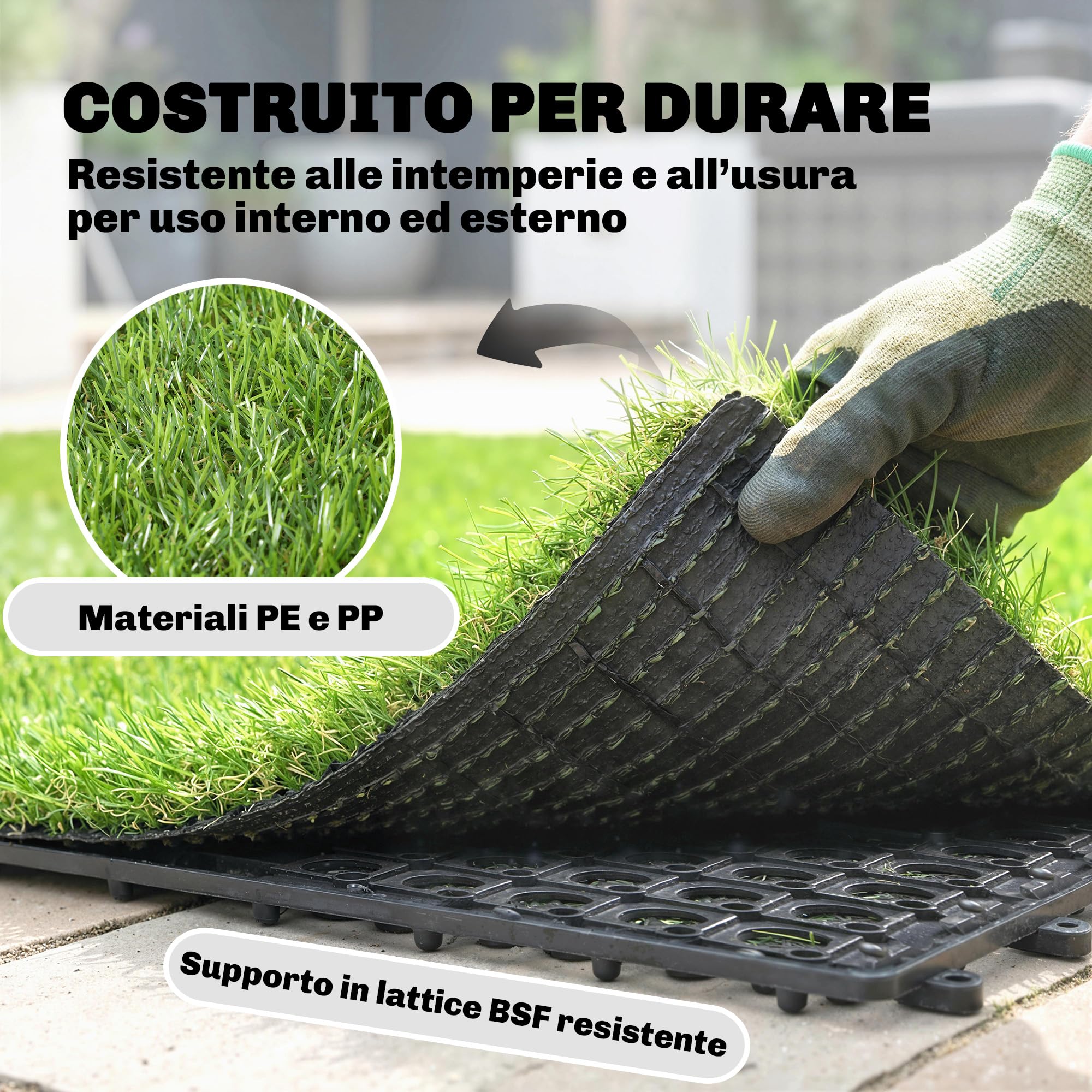 Outsunny 22 Pezzi Erba Sintetica per Esterno, Tappetino 30x30 cm con Altezza Pelo 25 mm, Drenante, per Giardino, Balcone, Patio, Verde