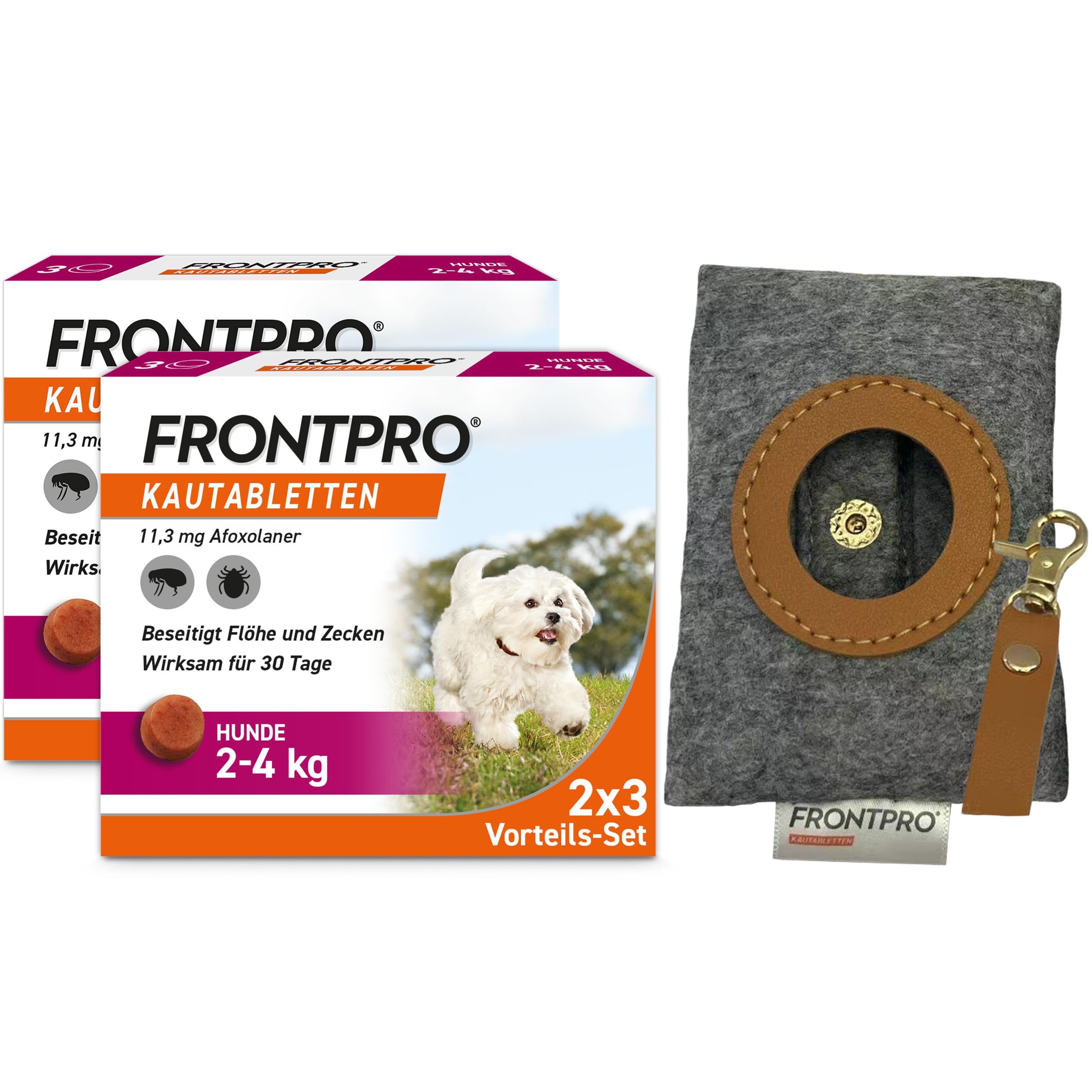 FRONTPRO Hund S - Kautablette gegen Zecken & Flöhe (Hunde 2 bis 4 kg) | 3x Kautabletten (2er Pack) für 6 Monate Schutz + Kotbeutelspender - schmeckt einfach mit oder ohne Futter - für kleine Hunde