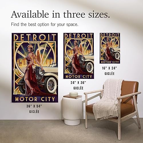 Miniatura 7 de Lantern Press Decoración de pared con impresión giclée de 24 x 36 pulgadas, Detroit, Michigan, Deco Woman and Car