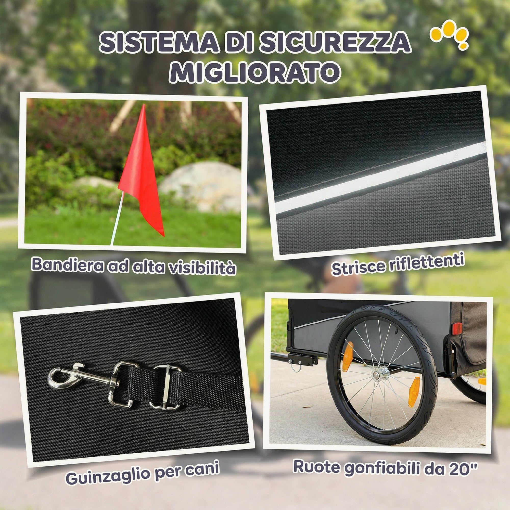 PawHut Rimorchio Bici per Cani Pieghevole con Ruote Gonfiabili a Sgancio Rapido, Ampie Finestre, Carrello Bicicletta Cani Media 20 kg, Catarifrangenti, Guinzaglio, Bandierina, Metallo e 600D Oxford