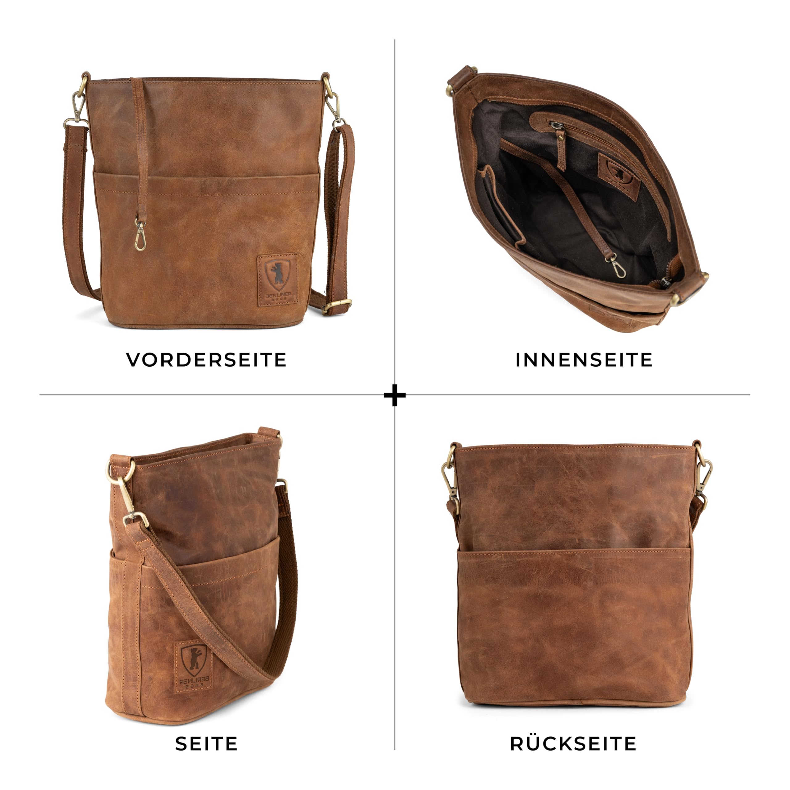 Berliner Bags Vintage Schultertasche Sofia, Umhängetasche mit 2 Riemen aus Leder, Handtasche für Frauen - Braun