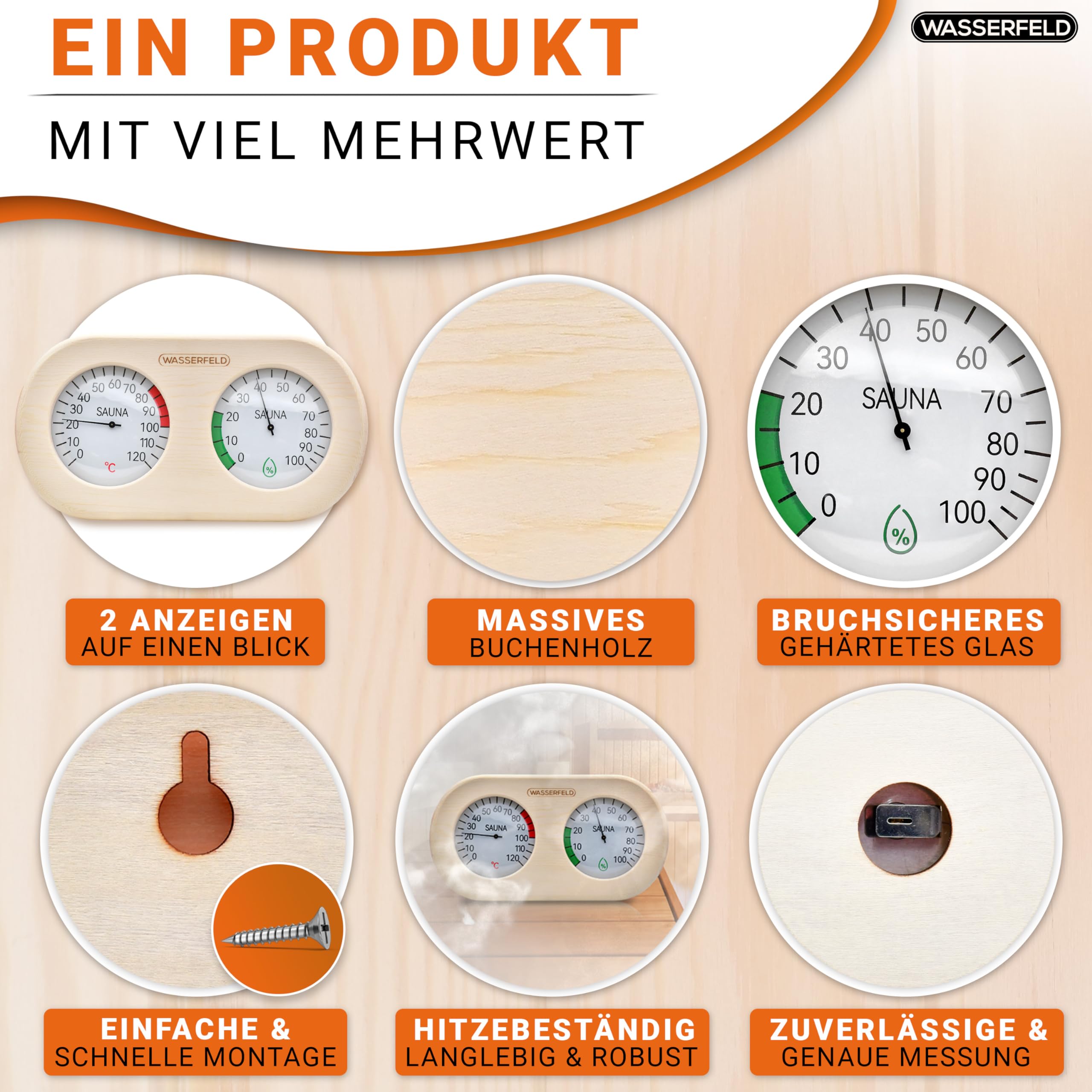 WASSERFELD® Thermomètre hygromètre de sauna [fonction 2 en 1] Thermomètre de sauna précis pour une mesure précise de la température et de l'humidité – Hygromètre avec verre trempé – Accessoires de