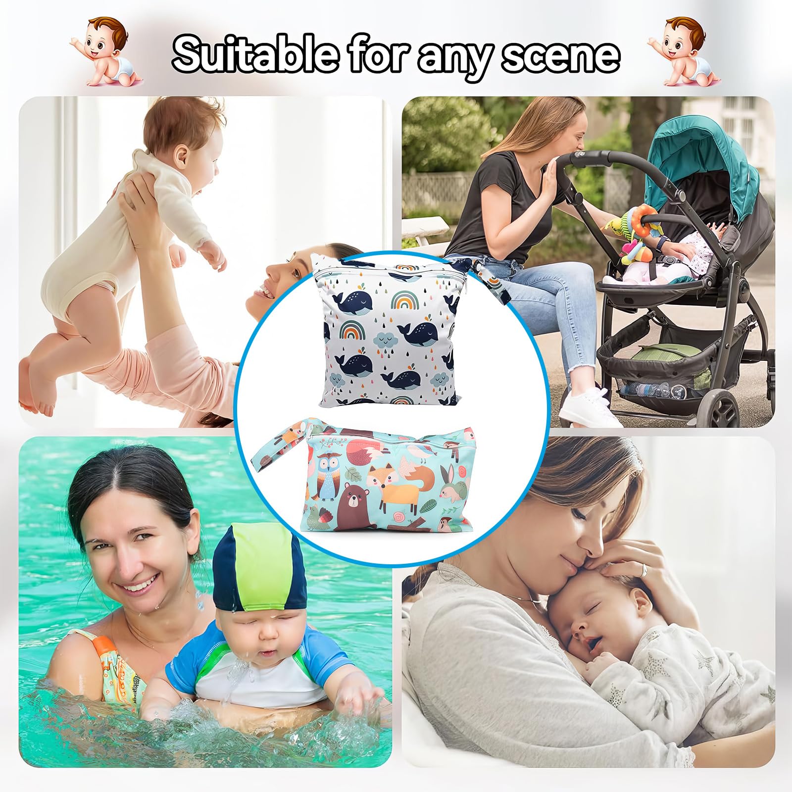 Borsa Pannolini Riutilizzabile Wet Bag con Cerniera Lavabile per Neonato Viaggi Spiaggia Piscina Gym
